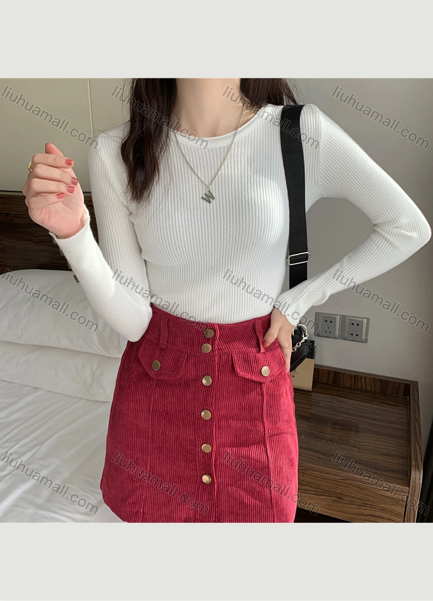 Wholesale Women's Casual Plain Round Neck Long Sleeve Ribbed Knit Sweater Tops 8016# - Liuhuamall