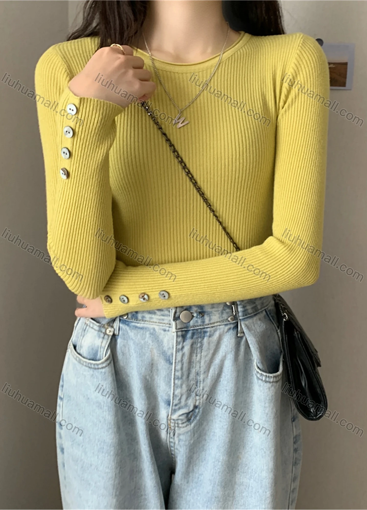 Wholesale Women's Casual Plain Round Neck Long Sleeve Ribbed Knit Sweater Tops 8016# - Liuhuamall