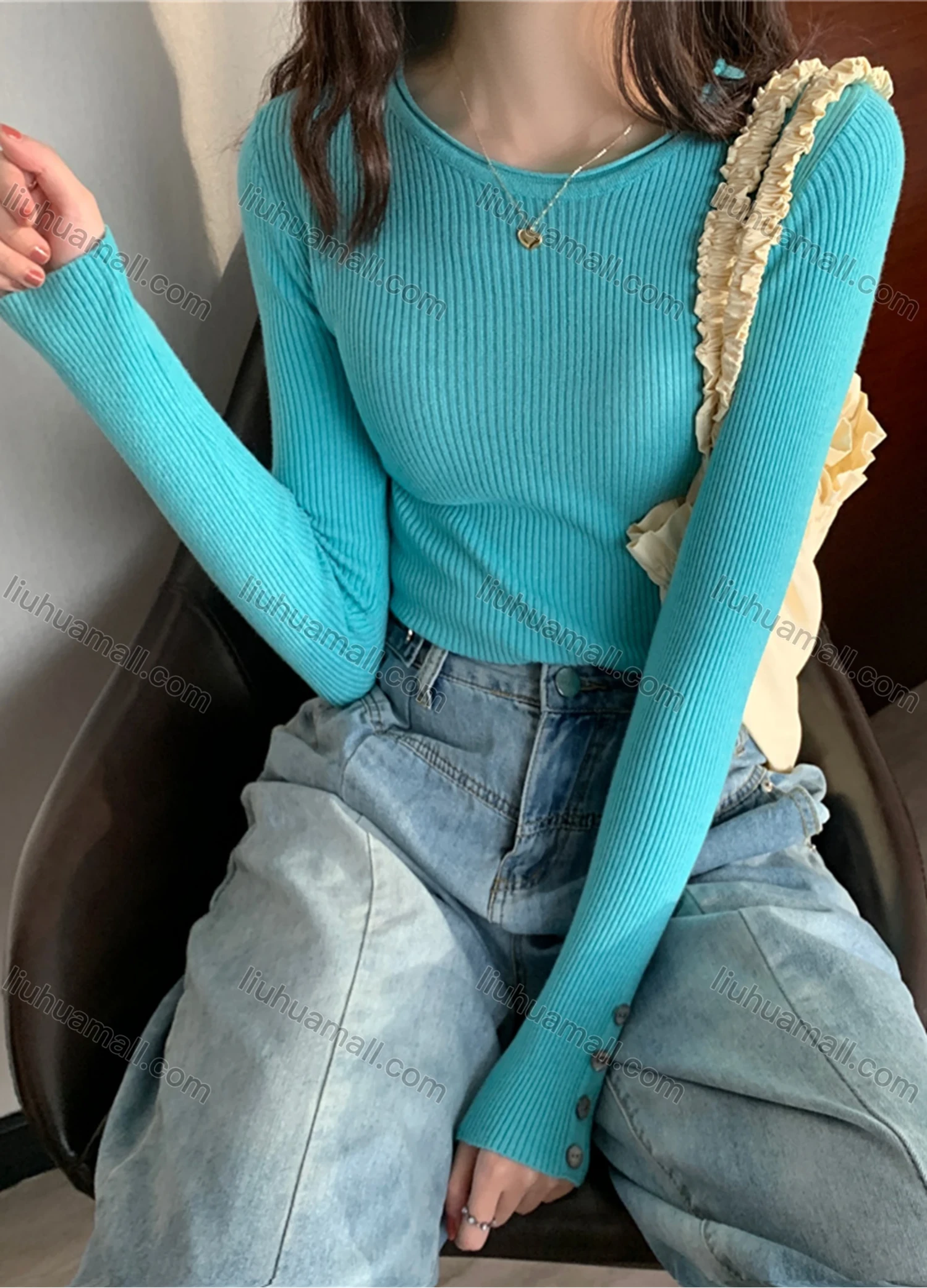 Wholesale Women's Casual Plain Round Neck Long Sleeve Ribbed Knit Sweater Tops 8016# - Liuhuamall
