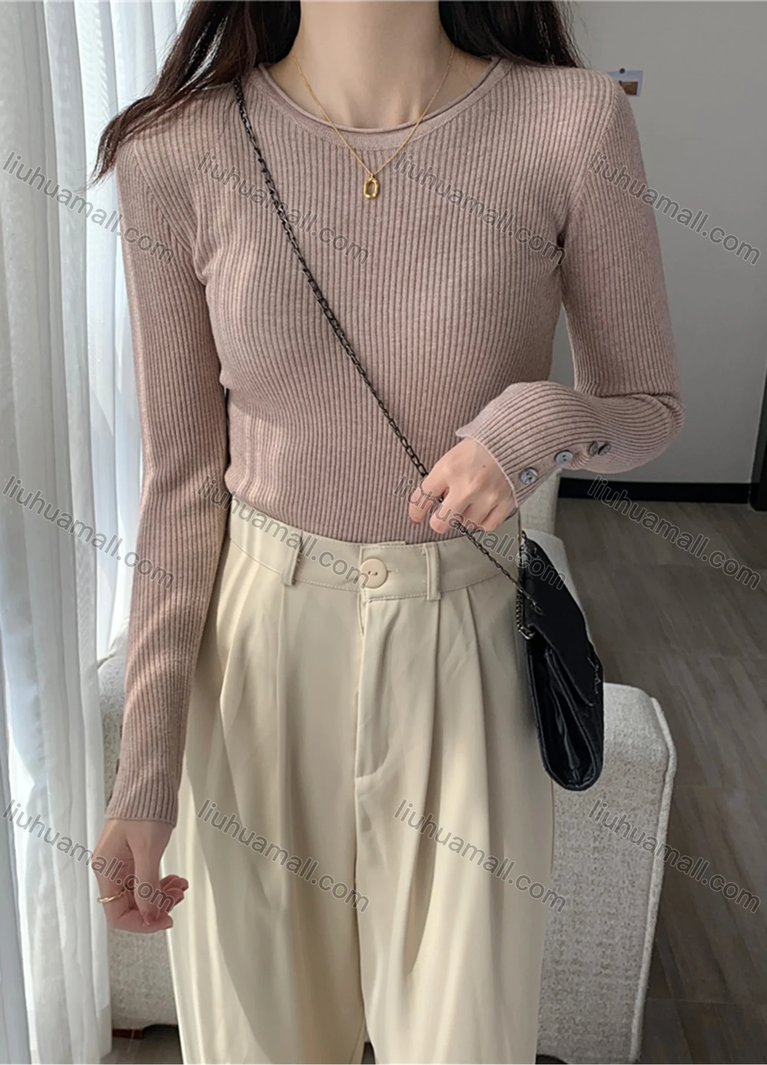 Wholesale Women's Casual Plain Round Neck Long Sleeve Ribbed Knit Sweater Tops 8016# - Liuhuamall