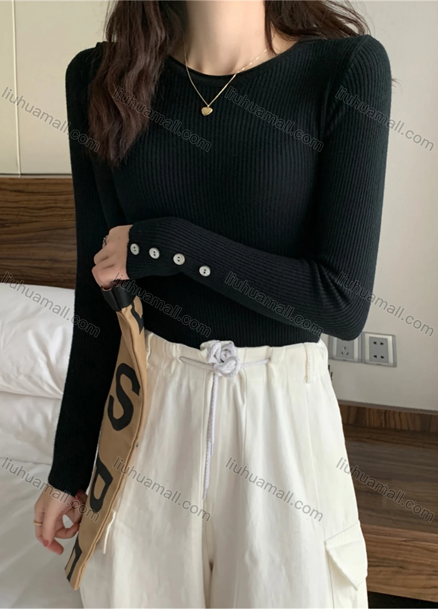 Wholesale Women's Casual Plain Round Neck Long Sleeve Ribbed Knit Sweater Tops 8016# - Liuhuamall
