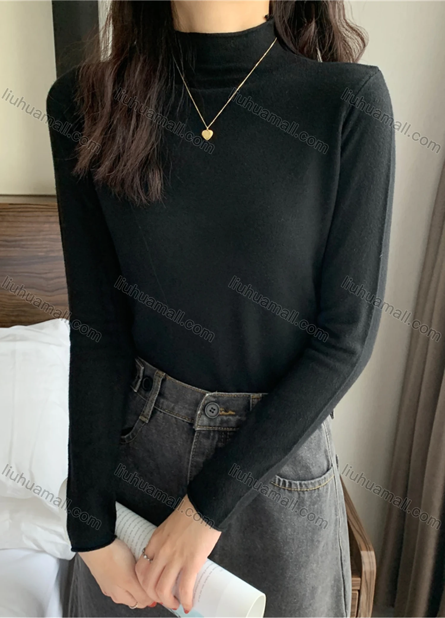 Wholesale Women's Casual Plain Mock Neck Long Sleeve Sweater Tops 8019# - Liuhuamall