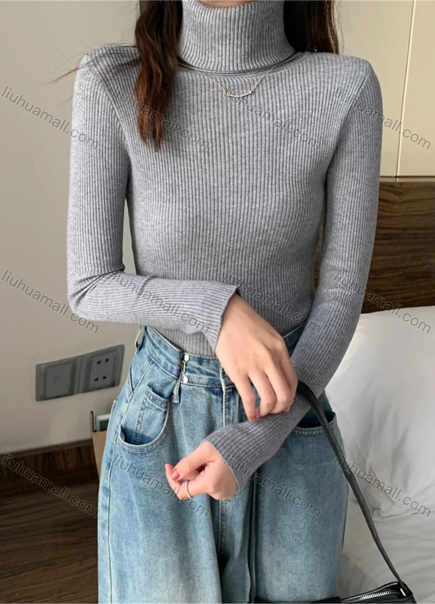 Wholesale Women's Casual Plain Turtleneck Long Sleeve Ribbed Knit Sweater Tops 8020# - Liuhuamall