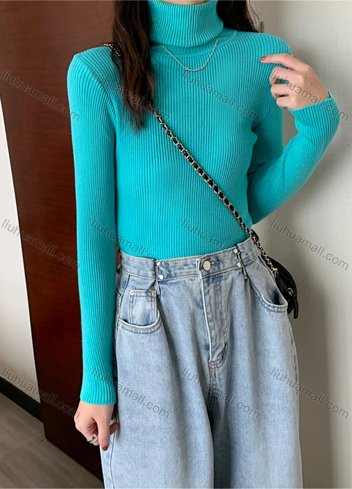 Wholesale Women's Casual Plain Turtleneck Long Sleeve Ribbed Knit Sweater Tops 8020# - Liuhuamall