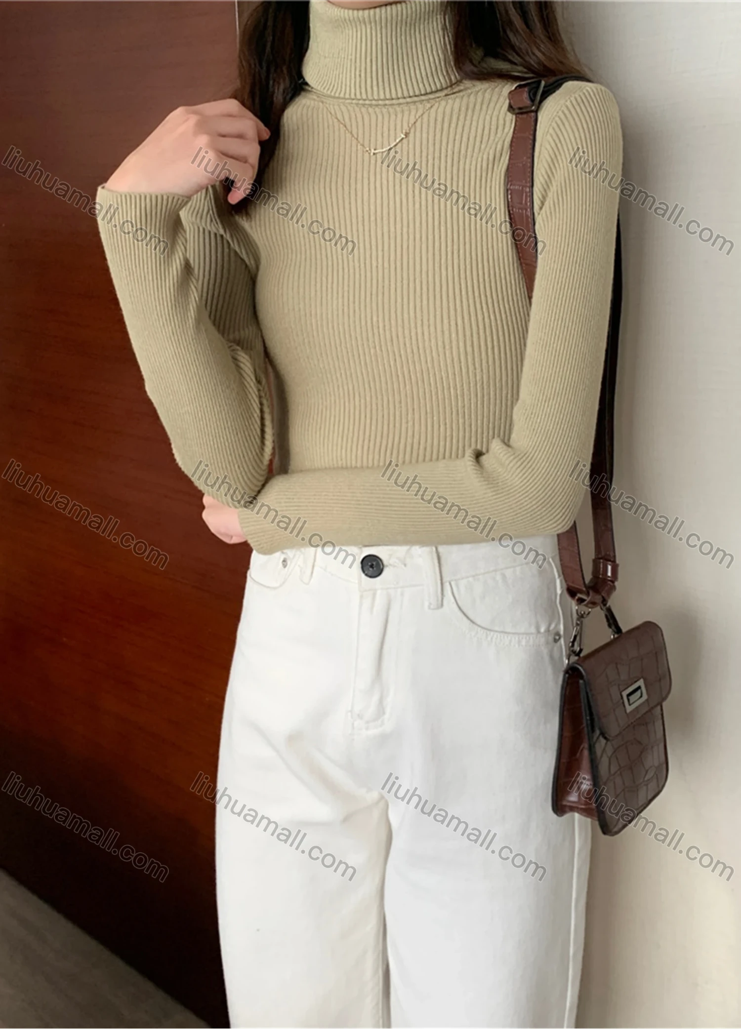 Wholesale Women's Casual Plain Turtleneck Long Sleeve Ribbed Knit Sweater Tops 8020# - Liuhuamall