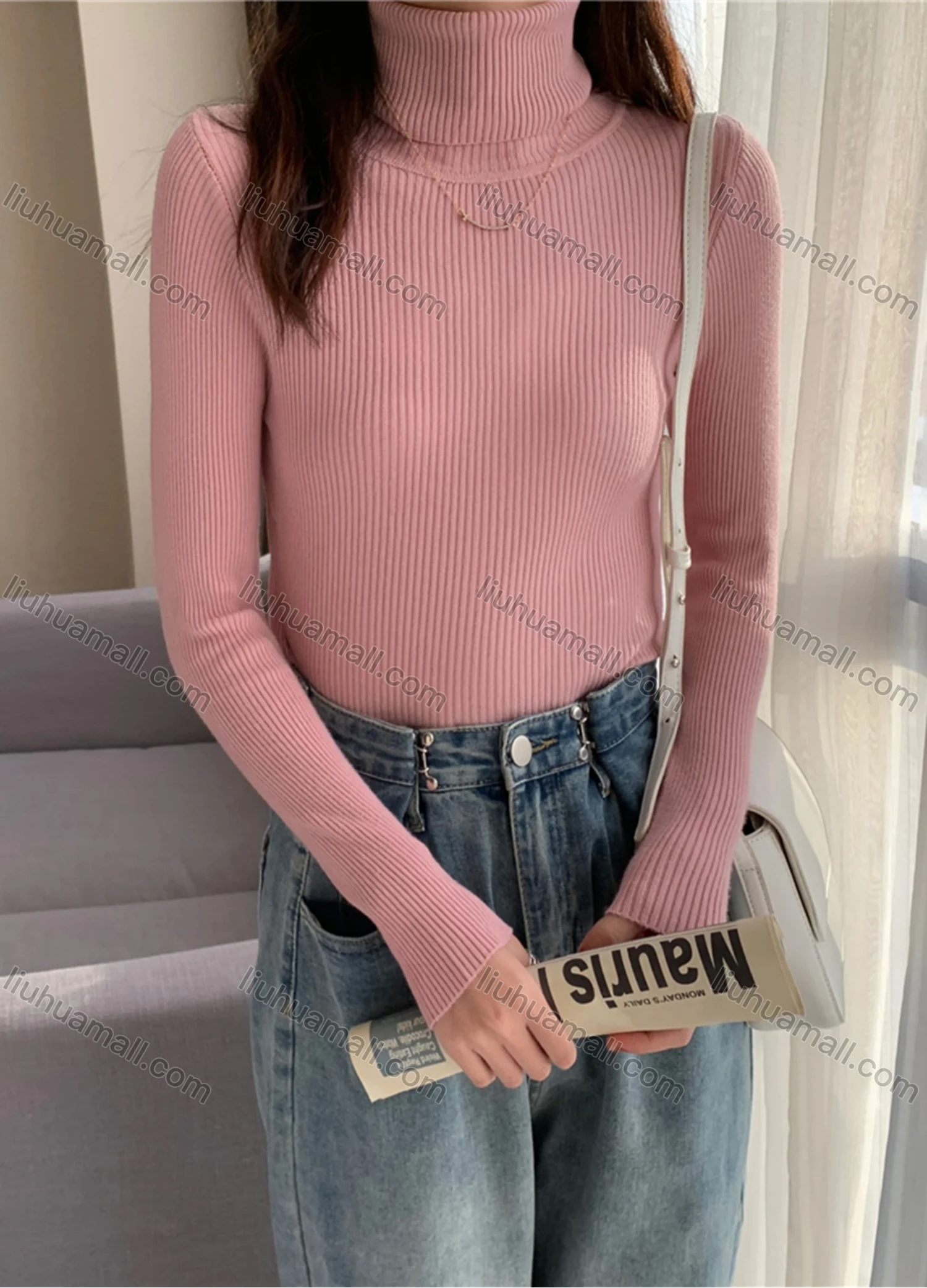Wholesale Women's Casual Plain Turtleneck Long Sleeve Ribbed Knit Sweater Tops 8020# - Liuhuamall