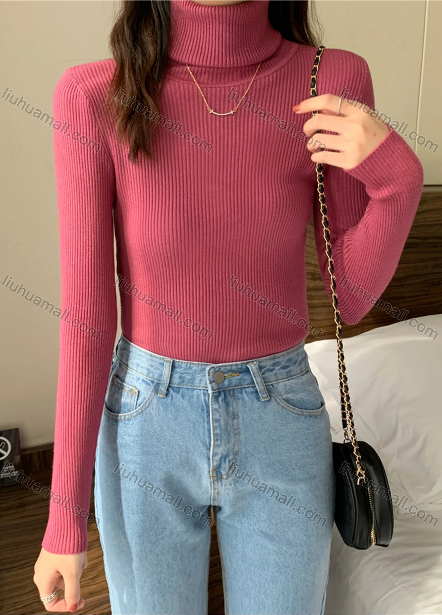 Wholesale Women's Casual Plain Turtleneck Long Sleeve Ribbed Knit Sweater Tops 8020# - Liuhuamall