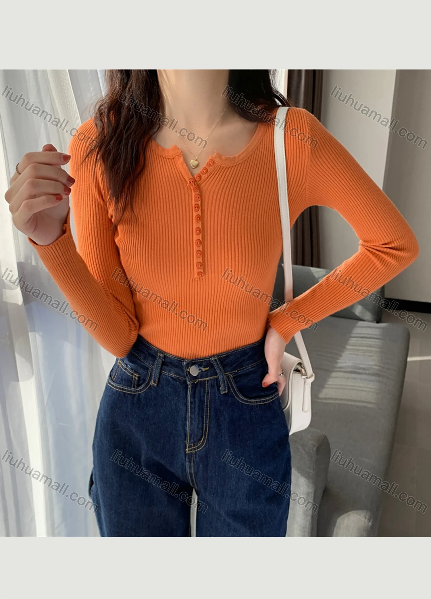 Wholesale Women's Casual Plain Notched Neck Button Front Ribbed Knit Long Sleeve Sweater Tops 8022# - Liuhuamall