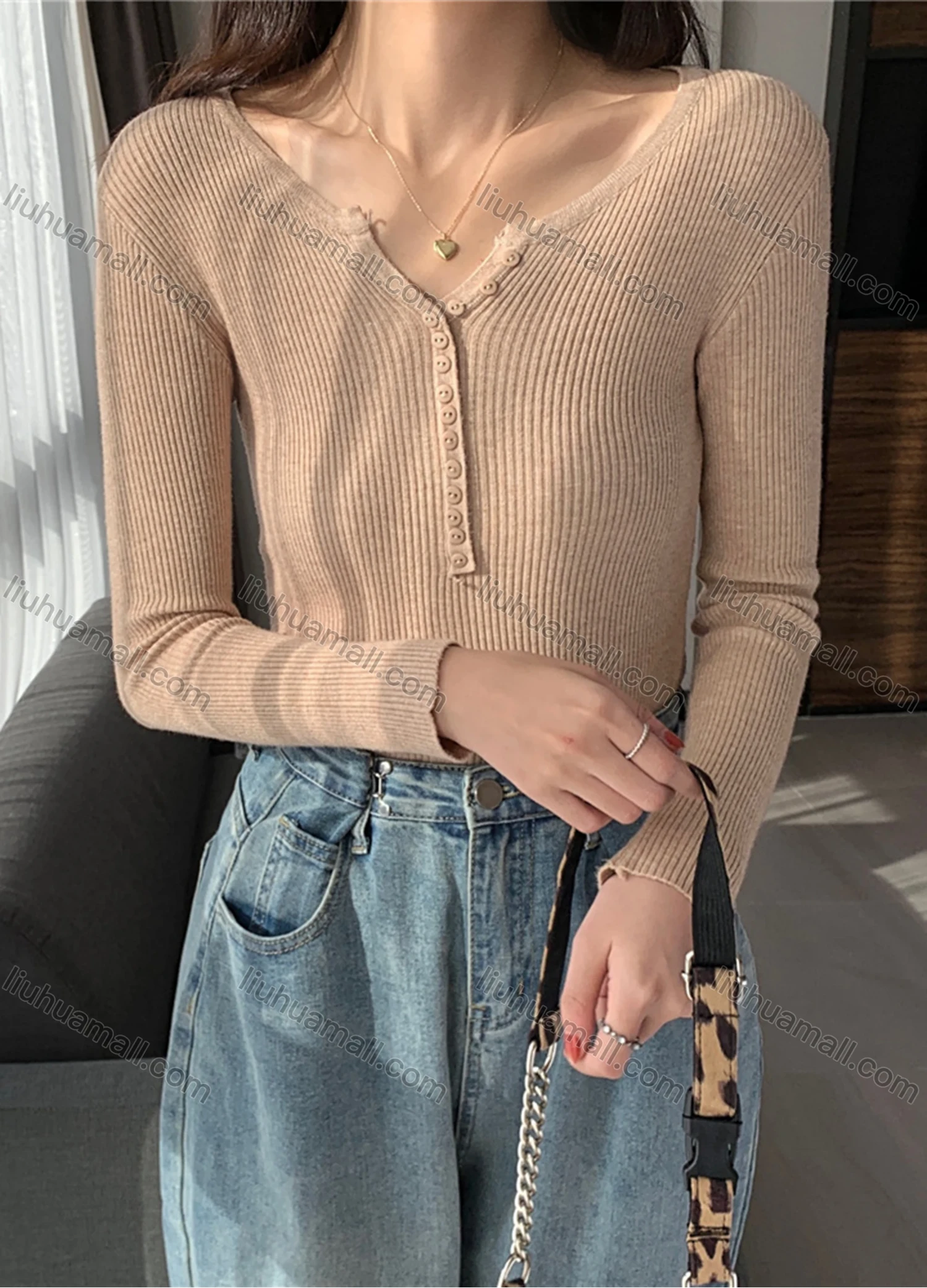 Wholesale Women's Casual Plain Notched Neck Button Front Ribbed Knit Long Sleeve Sweater Tops 8022# - Liuhuamall