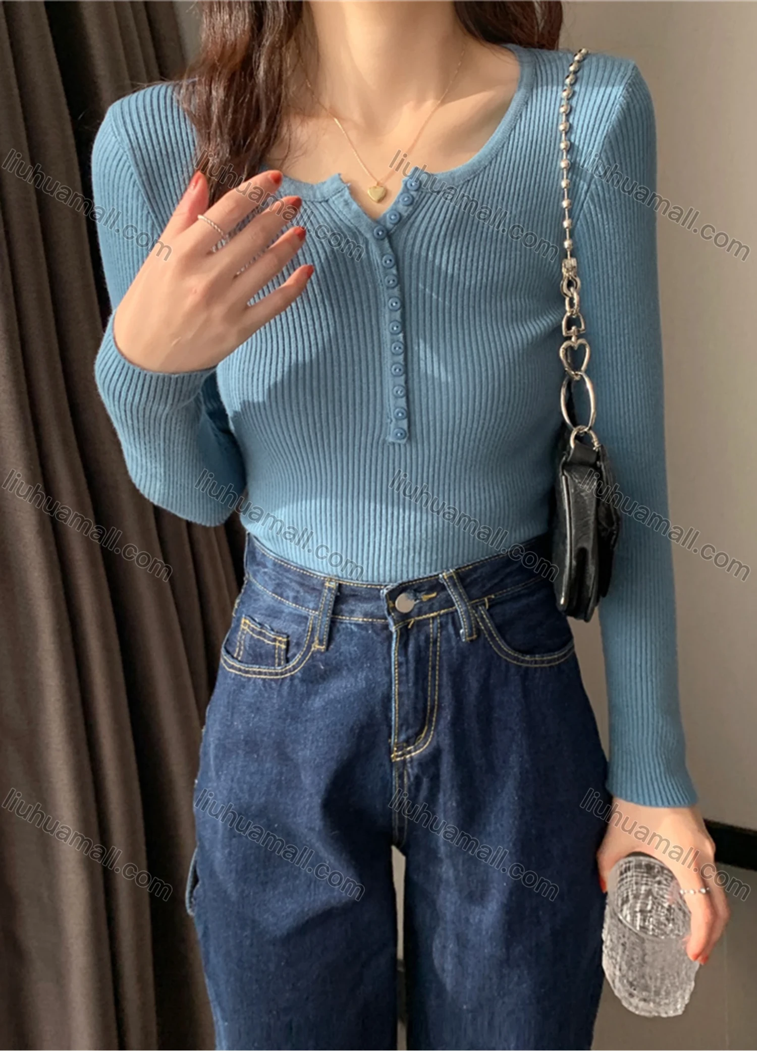 Wholesale Women's Casual Plain Notched Neck Button Front Ribbed Knit Long Sleeve Sweater Tops 8022# - Liuhuamall
