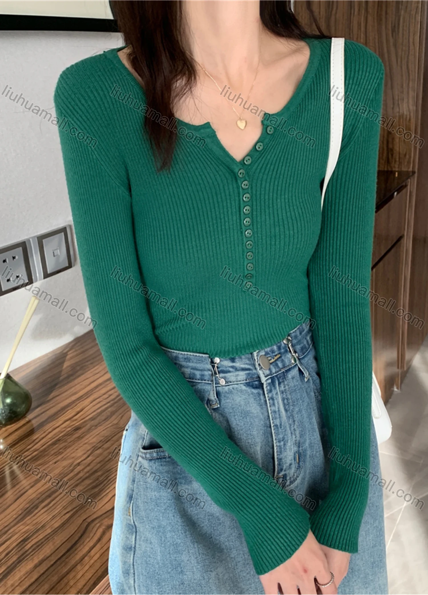 Wholesale Women's Casual Plain Notched Neck Button Front Ribbed Knit Long Sleeve Sweater Tops 8022# - Liuhuamall