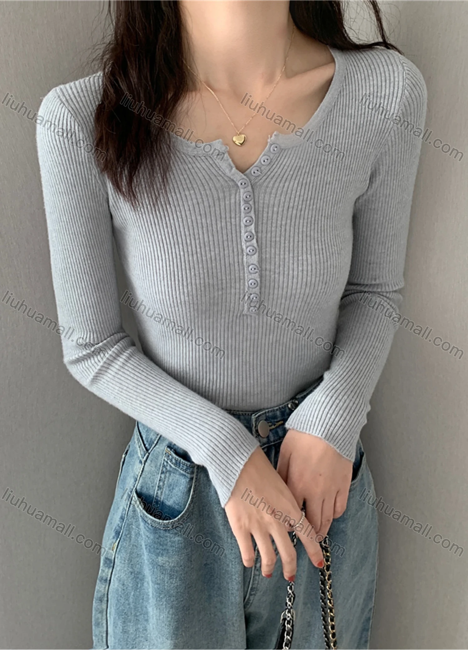 Wholesale Women's Casual Plain Notched Neck Button Front Ribbed Knit Long Sleeve Sweater Tops 8022# - Liuhuamall