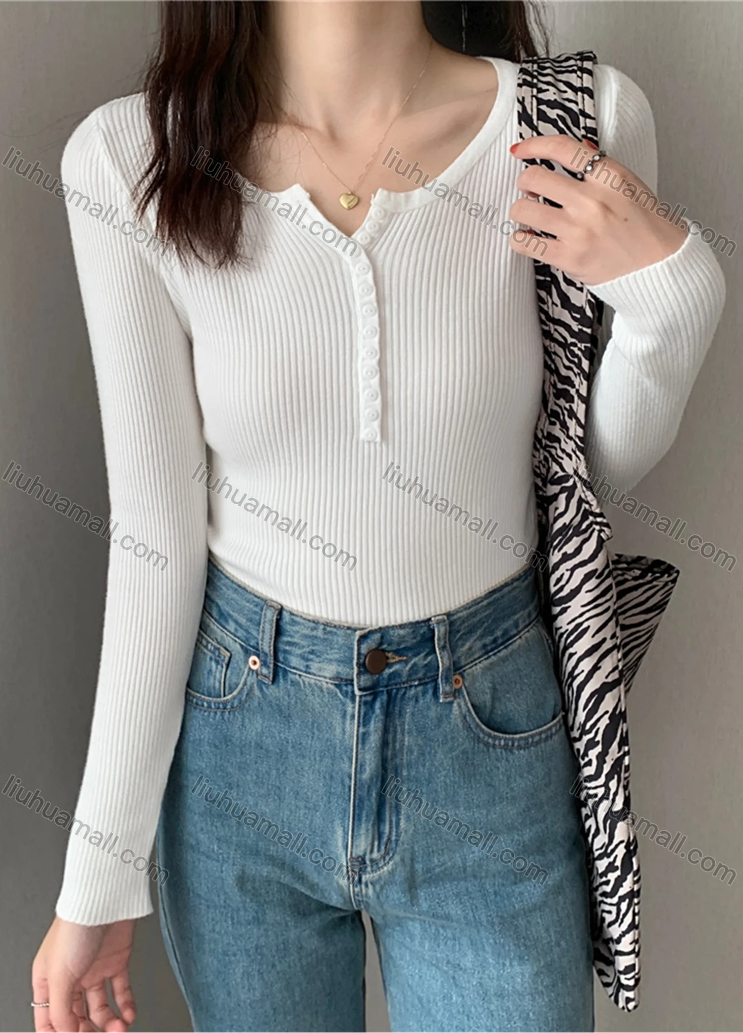 Wholesale Women's Casual Plain Notched Neck Button Front Ribbed Knit Long Sleeve Sweater Tops 8022# - Liuhuamall