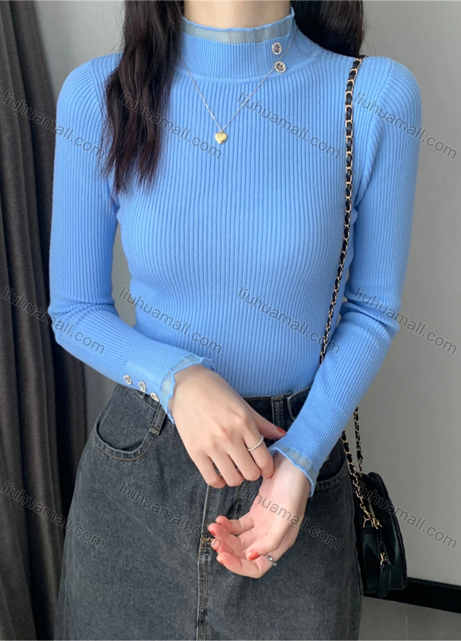 Wholesale Women's Casual Plain Mesh Mock Neck Long Sleeve Ribbed Knit Sweater Tops 8023# - Liuhuamall