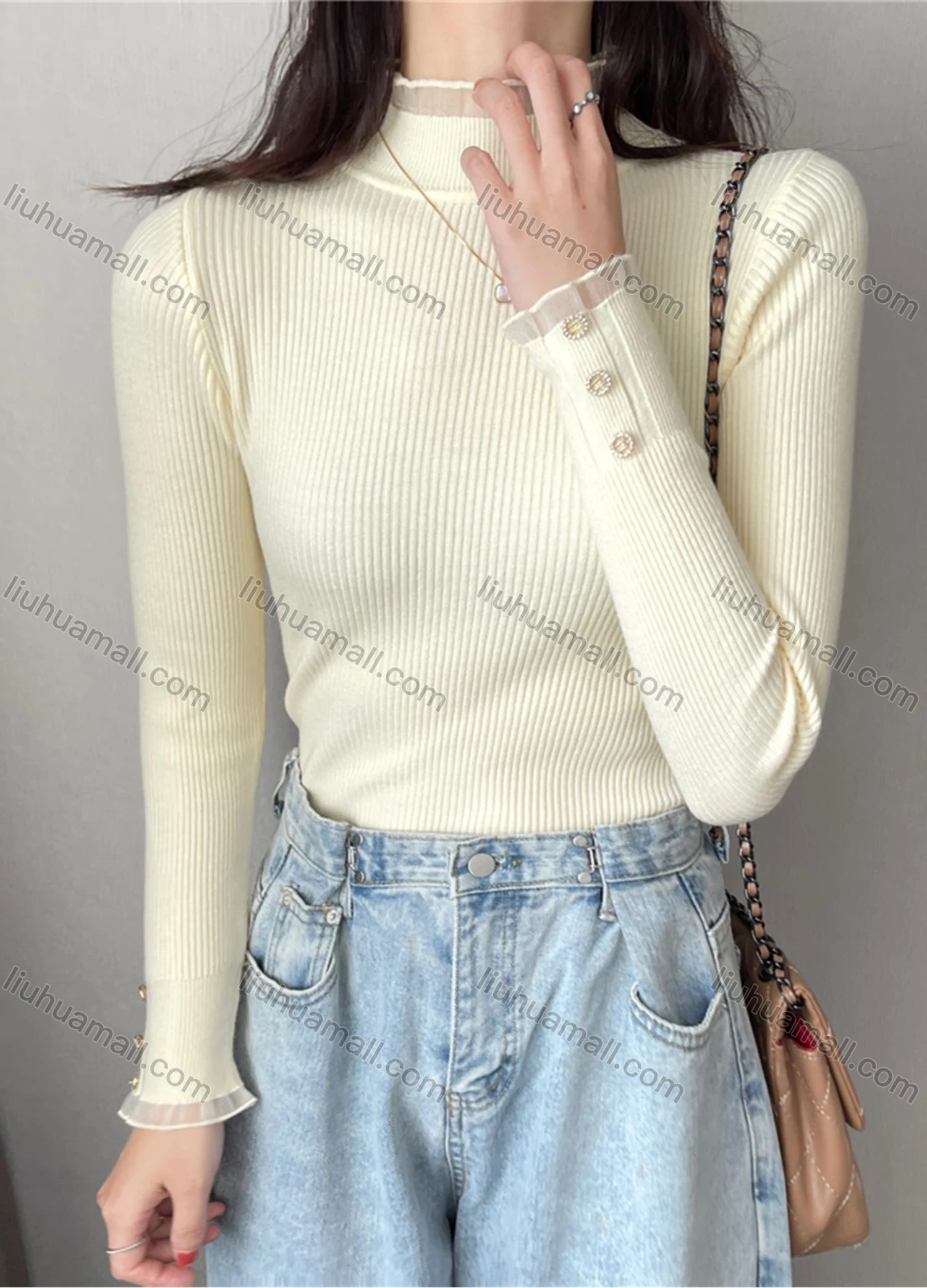 Wholesale Women's Casual Plain Mesh Mock Neck Long Sleeve Ribbed Knit Sweater Tops 8023# - Liuhuamall