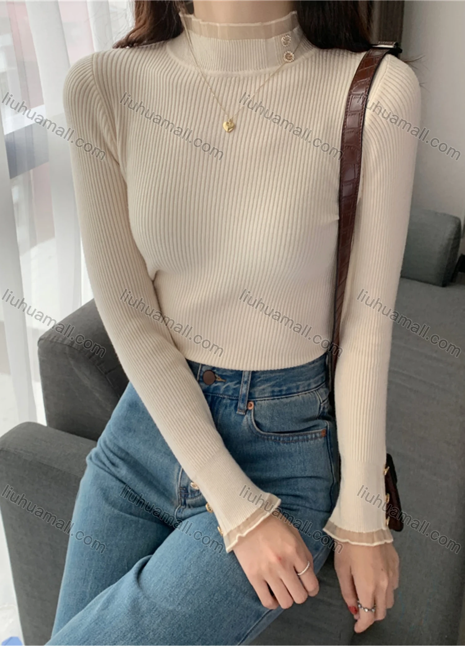 Wholesale Women's Casual Plain Mesh Mock Neck Long Sleeve Ribbed Knit Sweater Tops 8023# - Liuhuamall