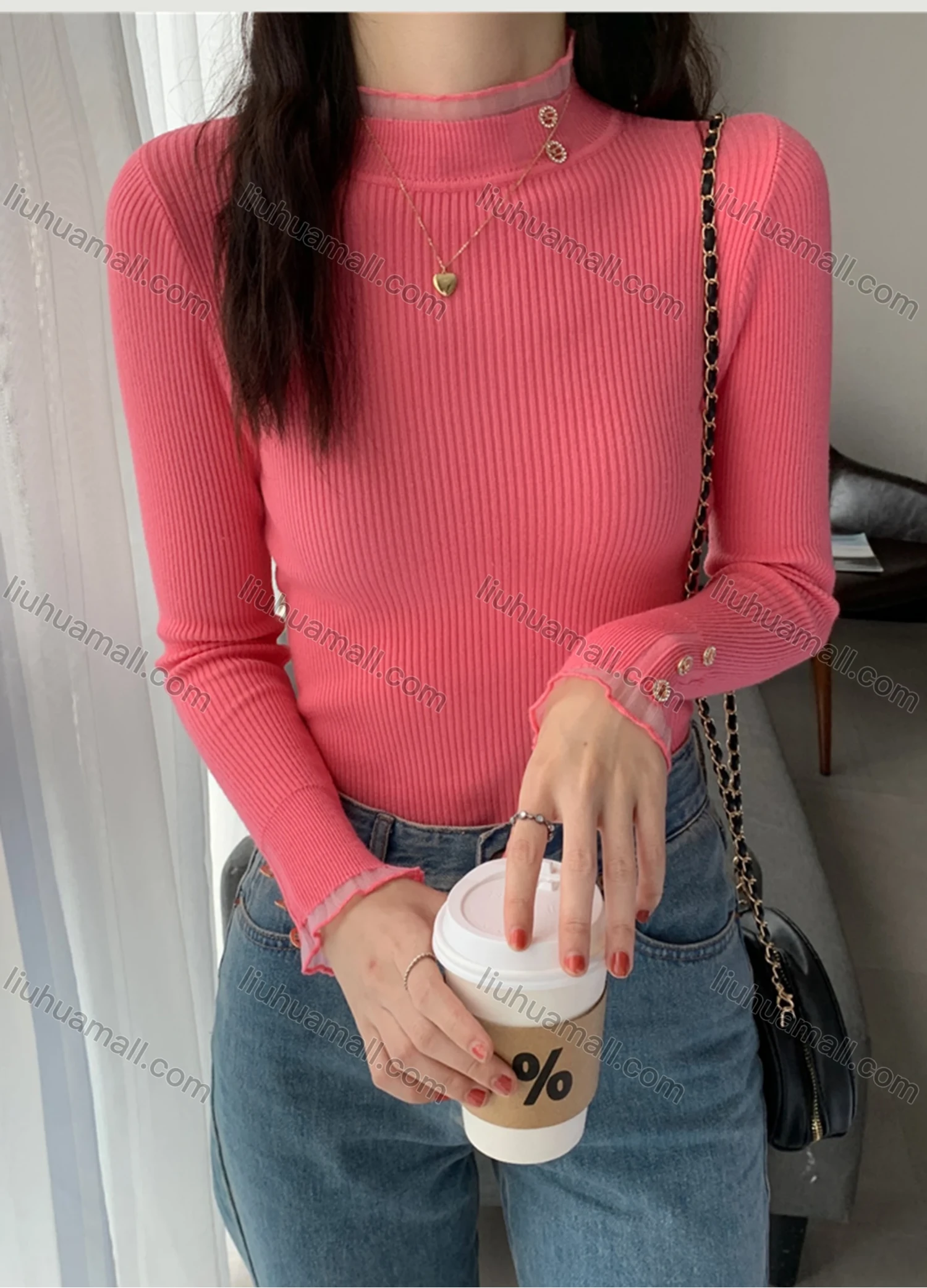 Wholesale Women's Casual Plain Mesh Mock Neck Long Sleeve Ribbed Knit Sweater Tops 8023# - Liuhuamall