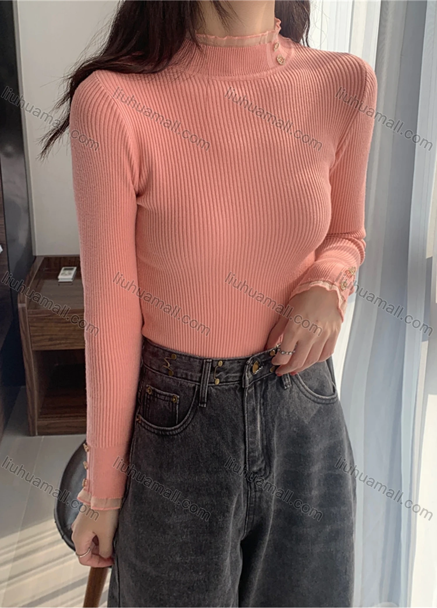 Wholesale Women's Casual Plain Mesh Mock Neck Long Sleeve Ribbed Knit Sweater Tops 8023# - Liuhuamall