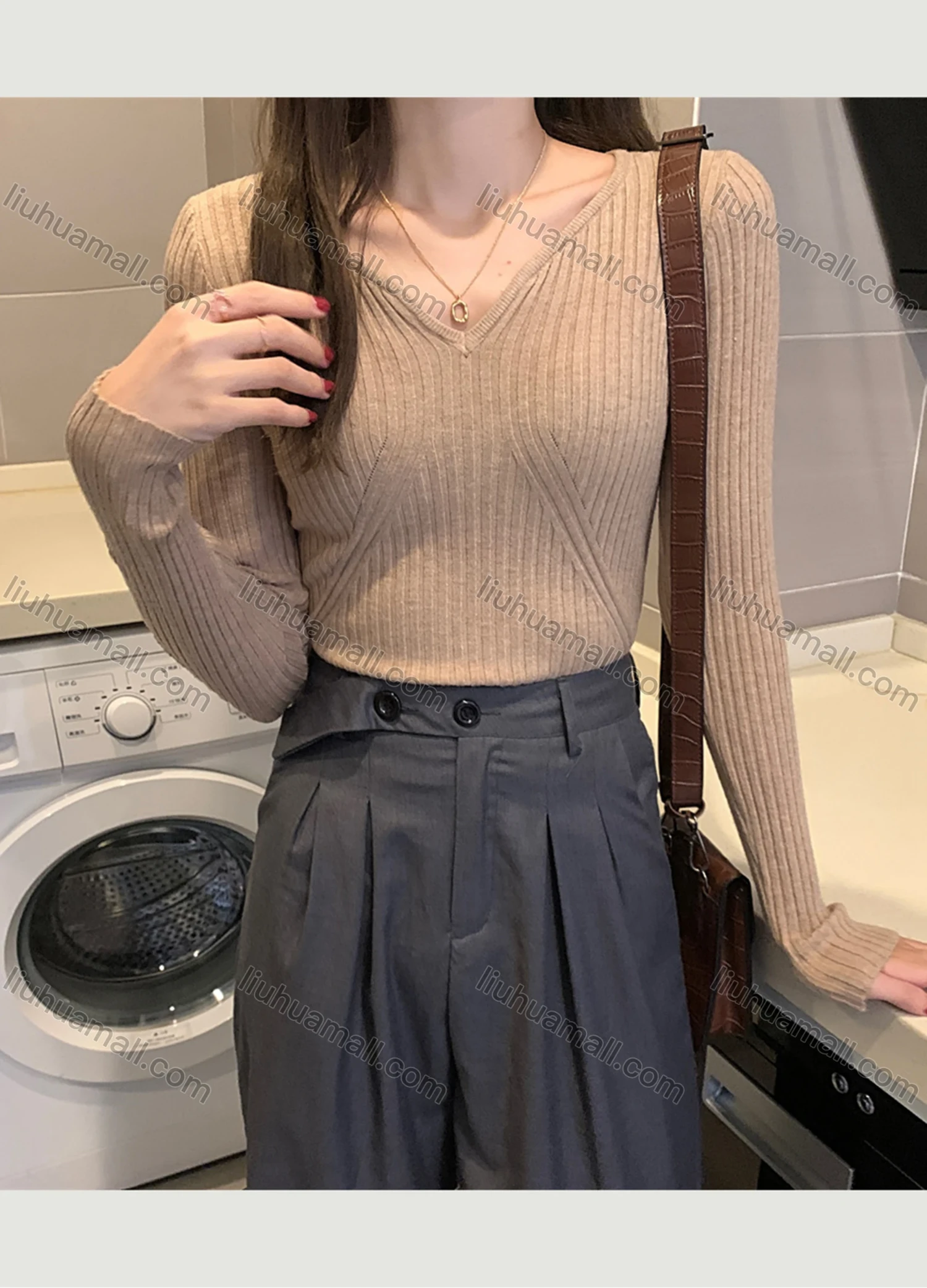 Wholesale Women's Casual Plain V Neck Long Sleeve Ribbed Knit Sweater Tops 8026# - Liuhuamall