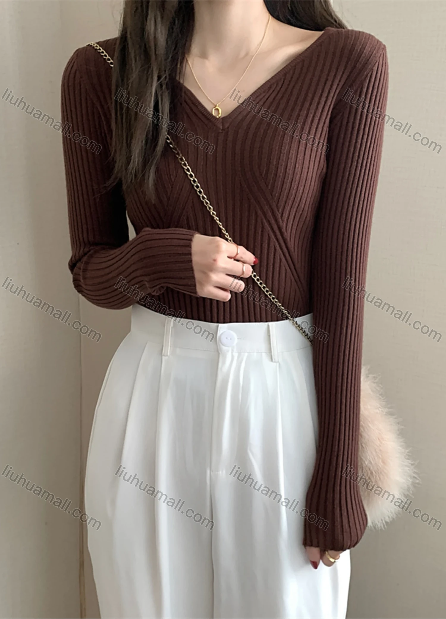 Wholesale Women's Casual Plain V Neck Long Sleeve Ribbed Knit Sweater Tops 8026# - Liuhuamall