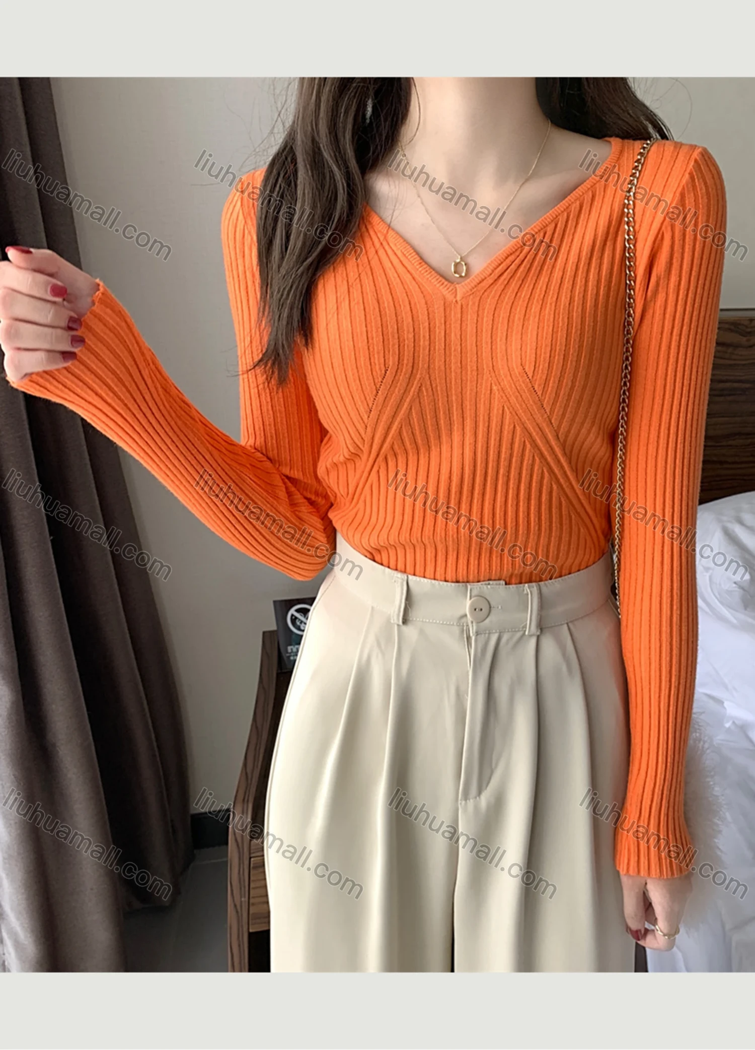 Wholesale Women's Casual Plain V Neck Long Sleeve Ribbed Knit Sweater Tops 8026# - Liuhuamall