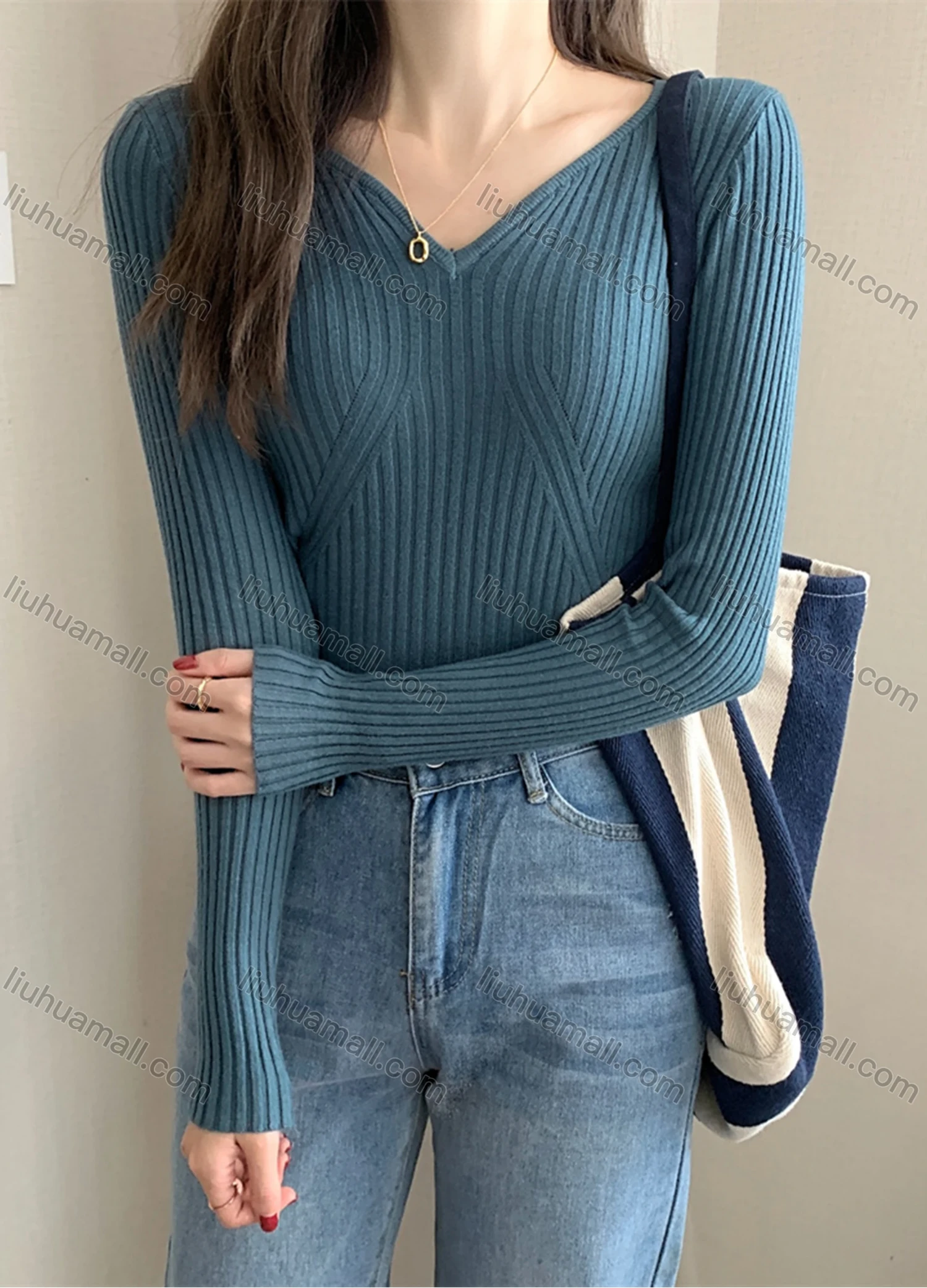 Wholesale Women's Casual Plain V Neck Long Sleeve Ribbed Knit Sweater Tops 8026# - Liuhuamall