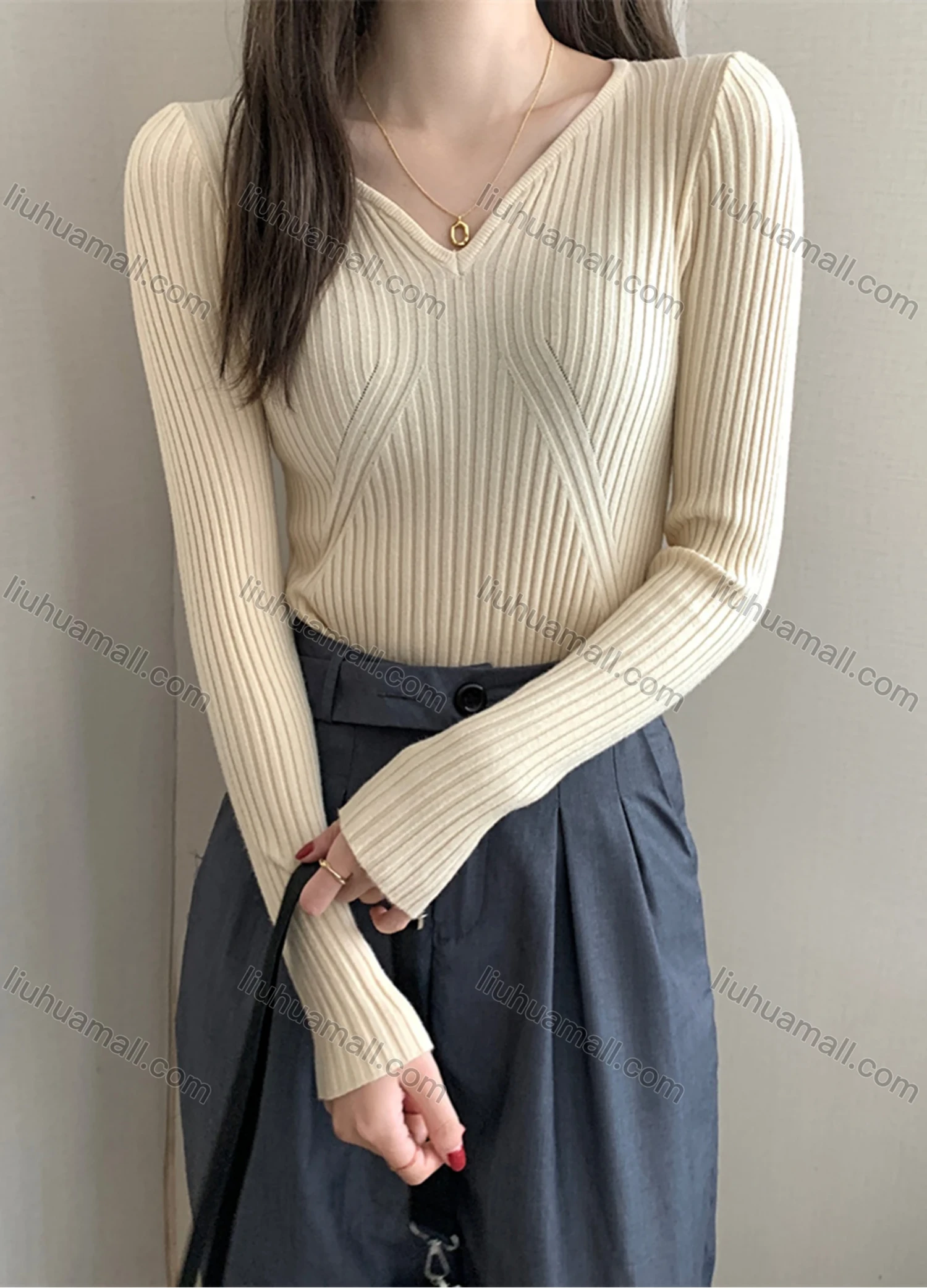 Wholesale Women's Casual Plain V Neck Long Sleeve Ribbed Knit Sweater Tops 8026# - Liuhuamall