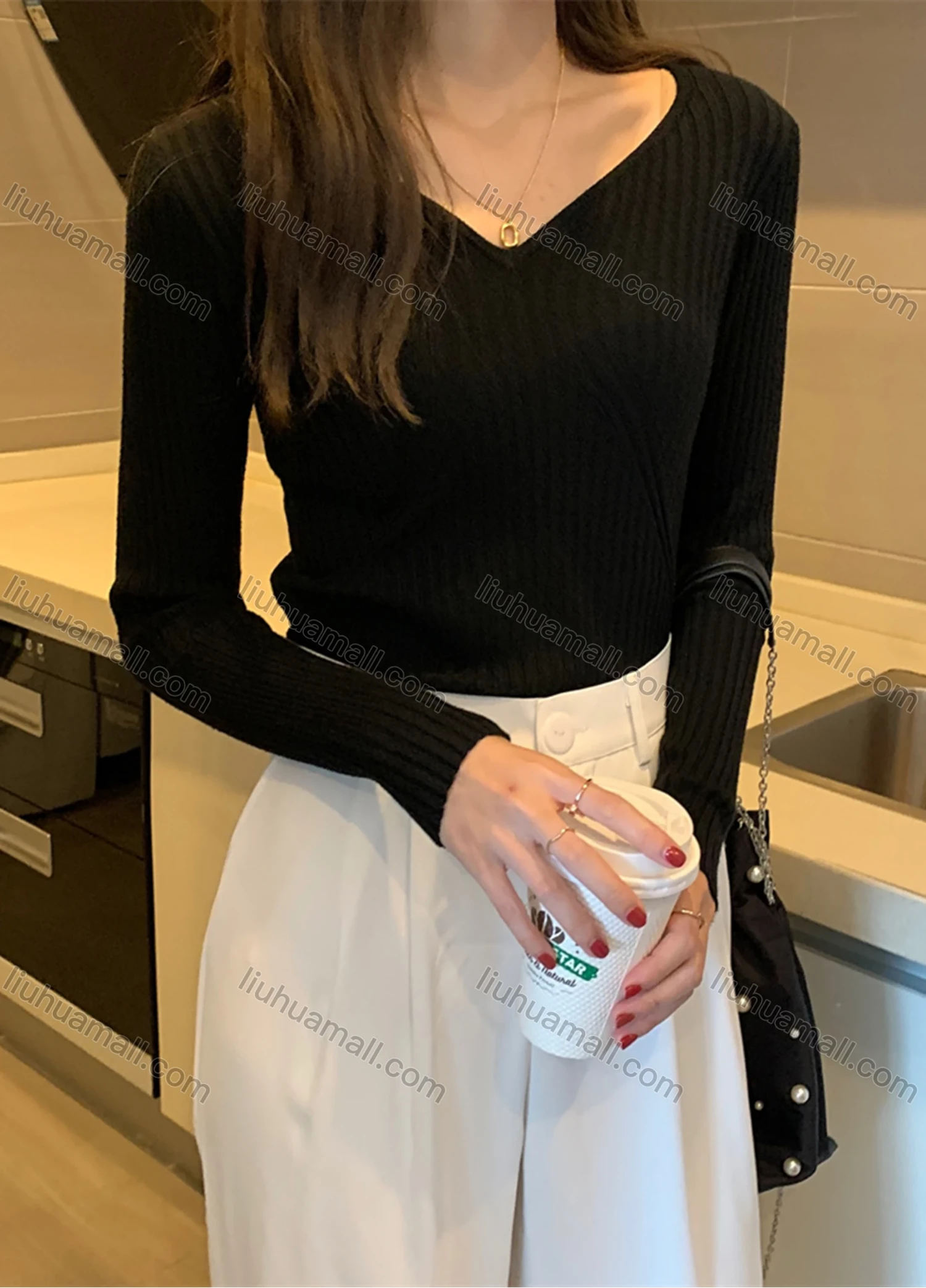 Wholesale Women's Casual Plain V Neck Long Sleeve Ribbed Knit Sweater Tops 8026# - Liuhuamall