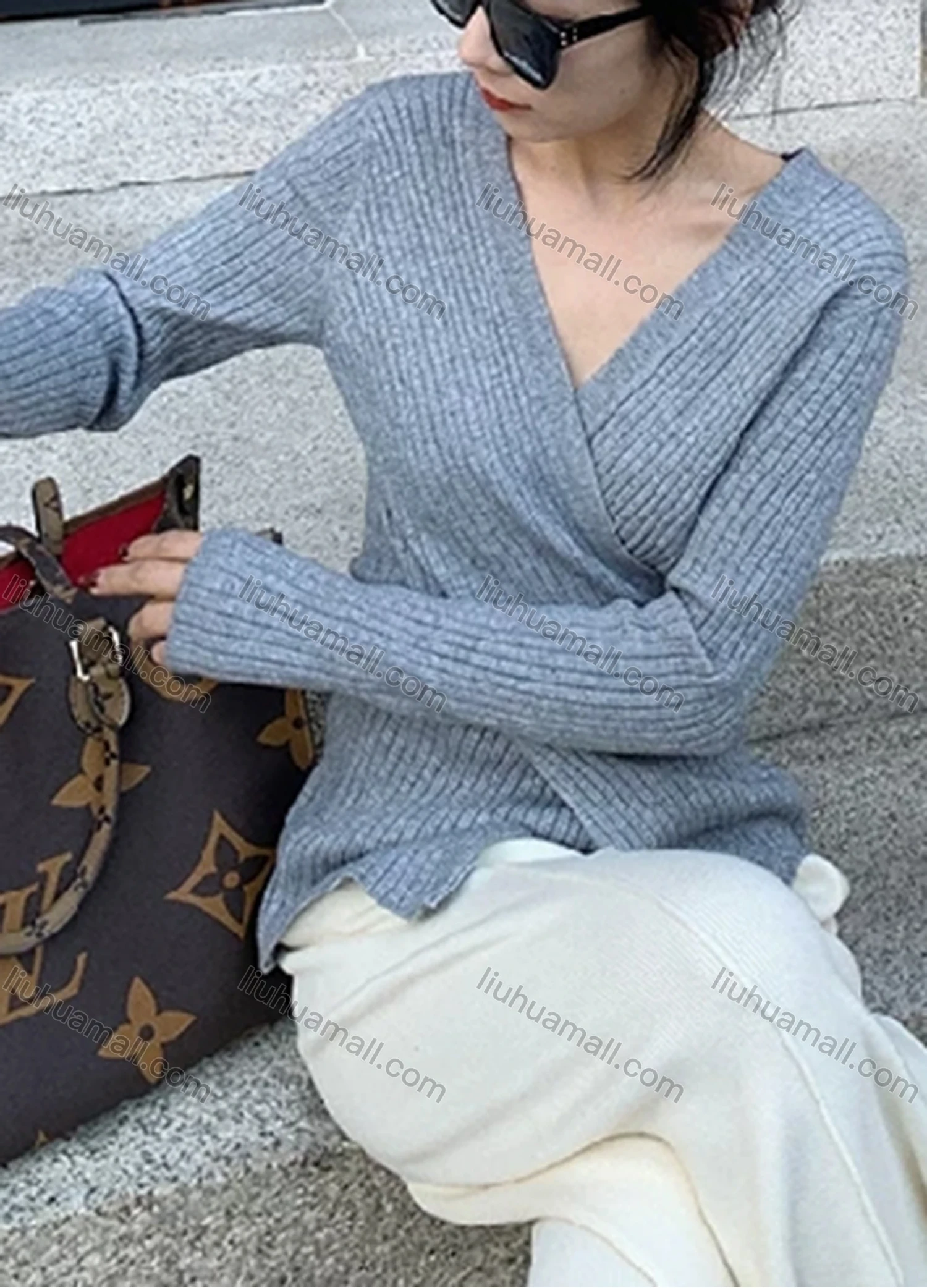 Wholesale Women's Casual Plain Wrap V Neck Long Sleeve Ribbed Knit Sweater Tops 8027# - Liuhuamall