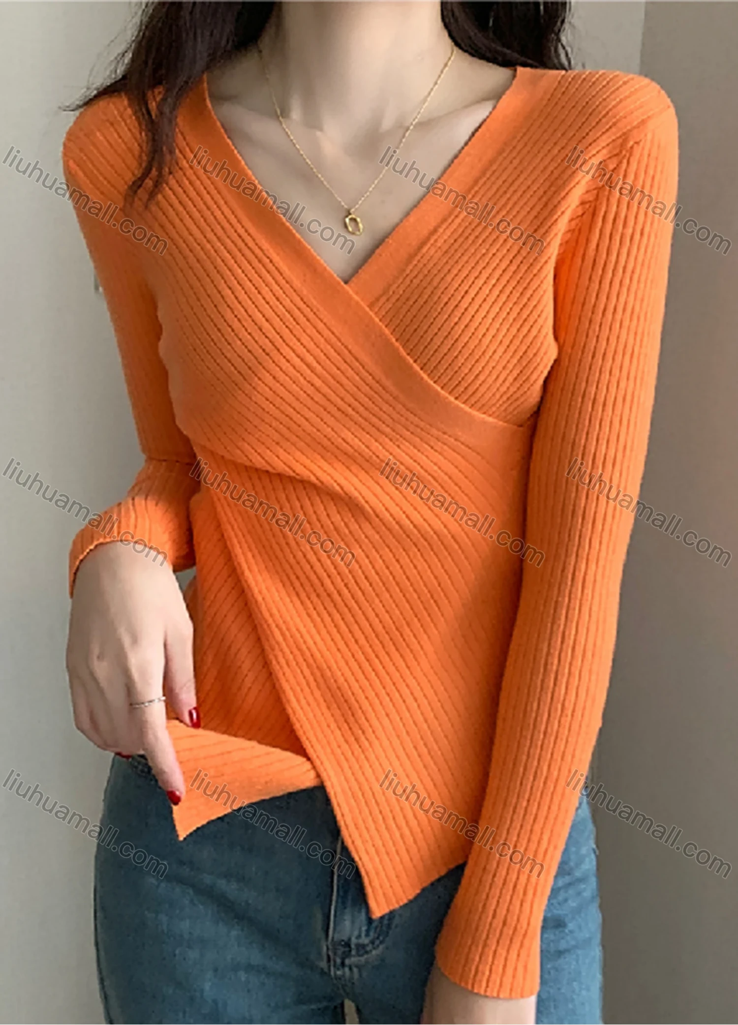 Wholesale Women's Casual Plain Wrap V Neck Long Sleeve Ribbed Knit Sweater Tops 8027# - Liuhuamall