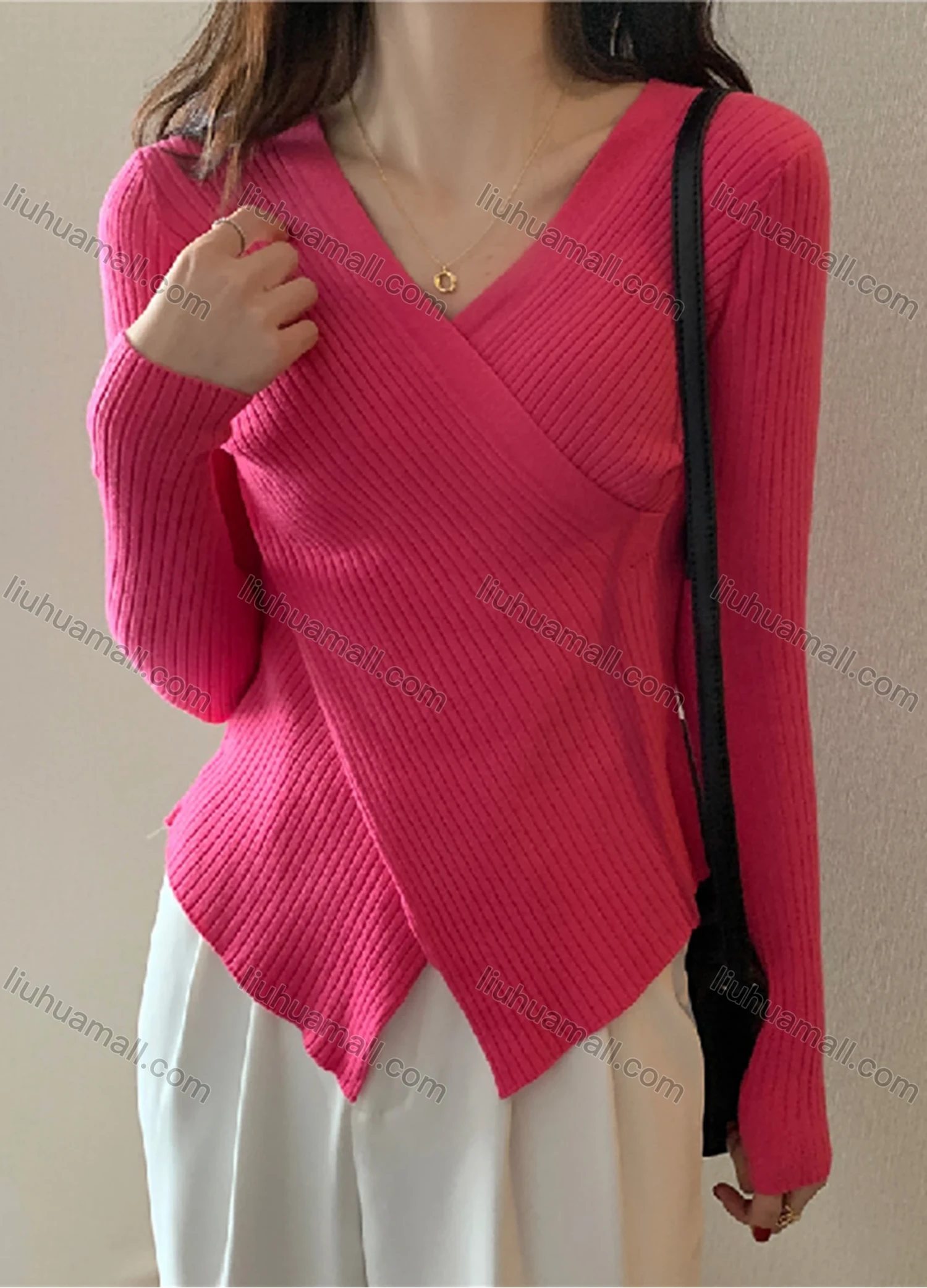 Wholesale Women's Casual Plain Wrap V Neck Long Sleeve Ribbed Knit Sweater Tops 8027# - Liuhuamall
