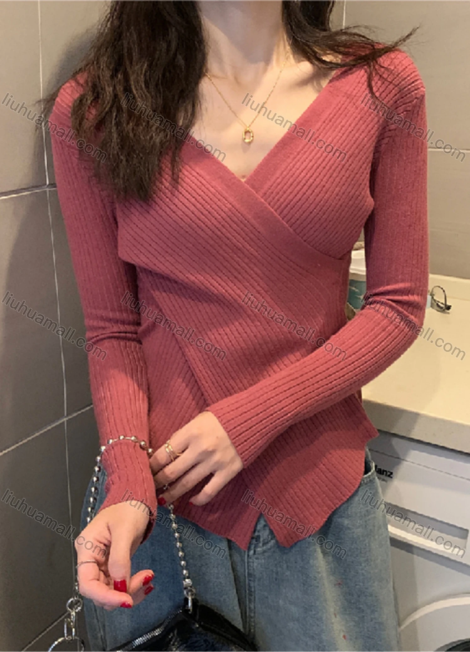 Wholesale Women's Casual Plain Wrap V Neck Long Sleeve Ribbed Knit Sweater Tops 8027# - Liuhuamall