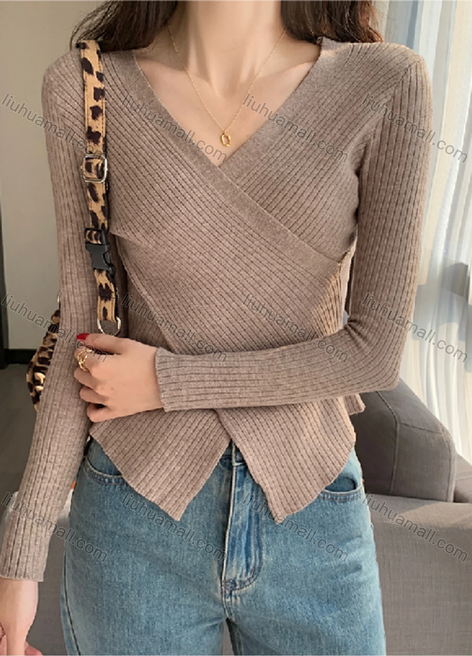 Wholesale Women's Casual Plain Wrap V Neck Long Sleeve Ribbed Knit Sweater Tops 8027# - Liuhuamall