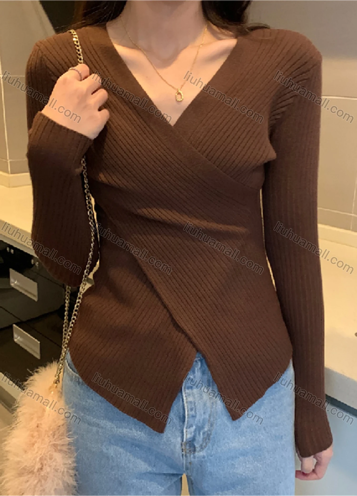 Wholesale Women's Casual Plain Wrap V Neck Long Sleeve Ribbed Knit Sweater Tops 8027# - Liuhuamall