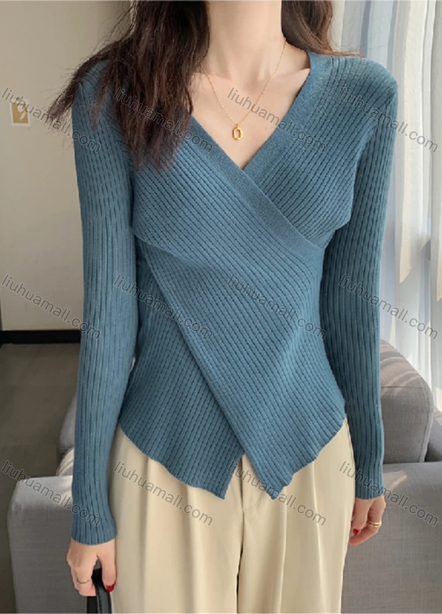 Wholesale Women's Casual Plain Wrap V Neck Long Sleeve Ribbed Knit Sweater Tops 8027# - Liuhuamall