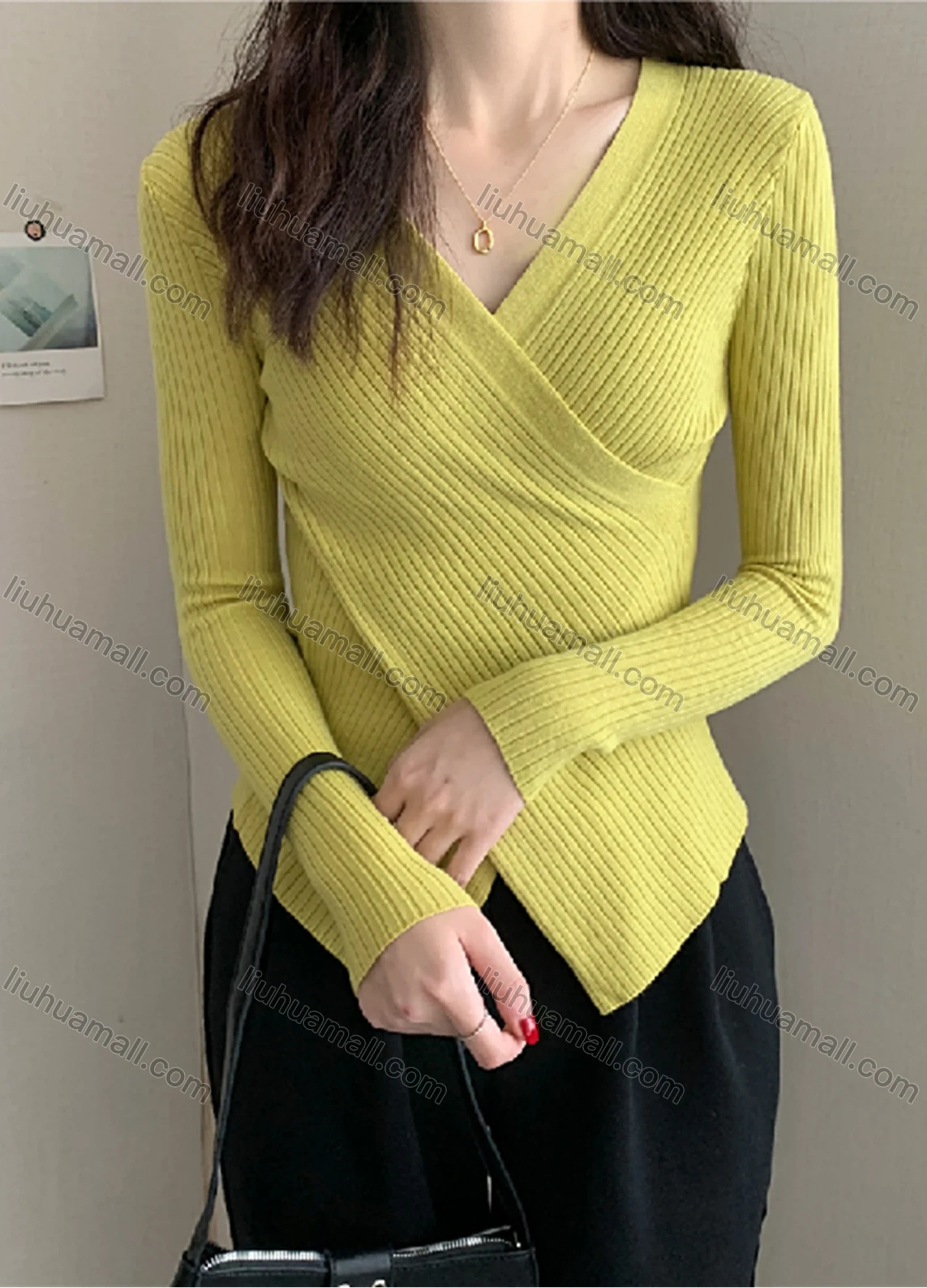 Wholesale Women's Casual Plain Wrap V Neck Long Sleeve Ribbed Knit Sweater Tops 8027# - Liuhuamall