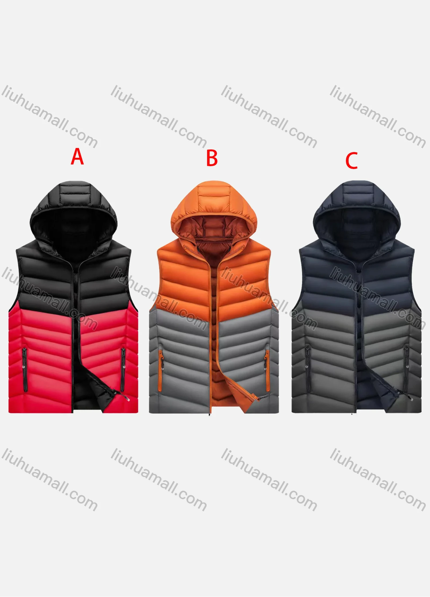 Wholesale Men's Casual Coloblock Hooded Zipper Pockets Thermal Lined Puffer Vest Jacket 339# - Liuhuamall