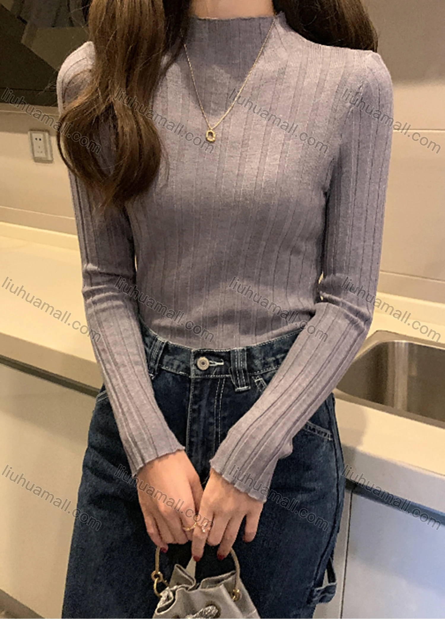 Wholesale Women's Casual Plain Mock Neck Long Sleeve Wide Ribbed Knit Sweater Tops 8029# - Liuhuamall