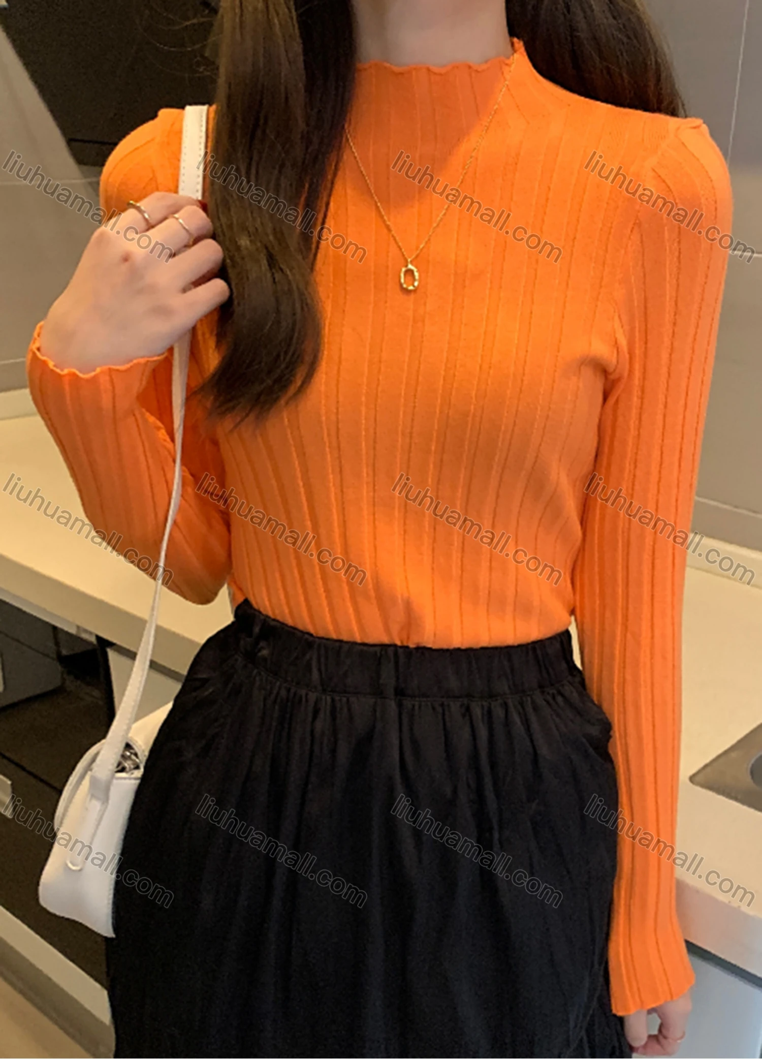 Wholesale Women's Casual Plain Mock Neck Long Sleeve Wide Ribbed Knit Sweater Tops 8029# - Liuhuamall