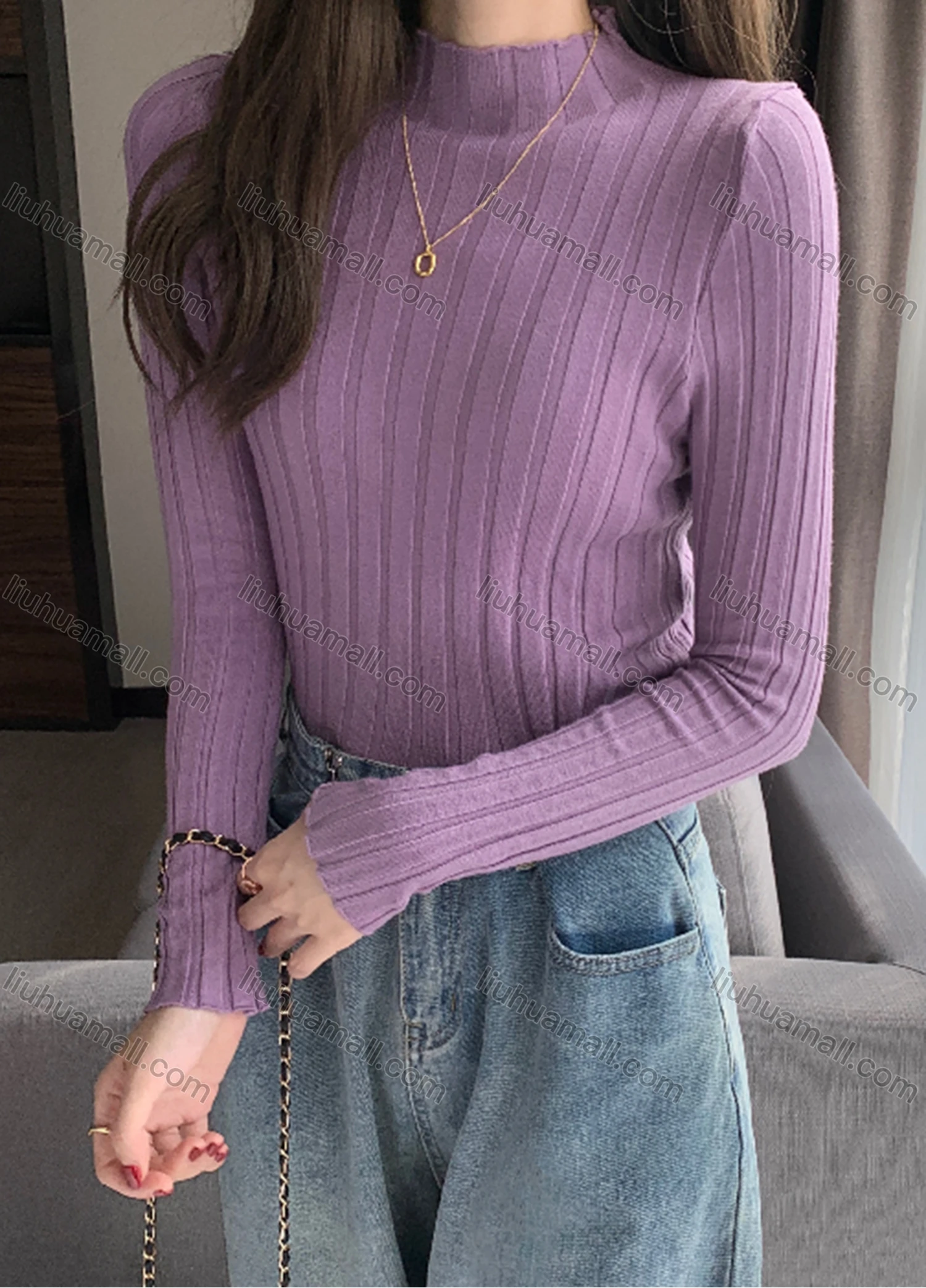 Wholesale Women's Casual Plain Mock Neck Long Sleeve Wide Ribbed Knit Sweater Tops 8029# - Liuhuamall