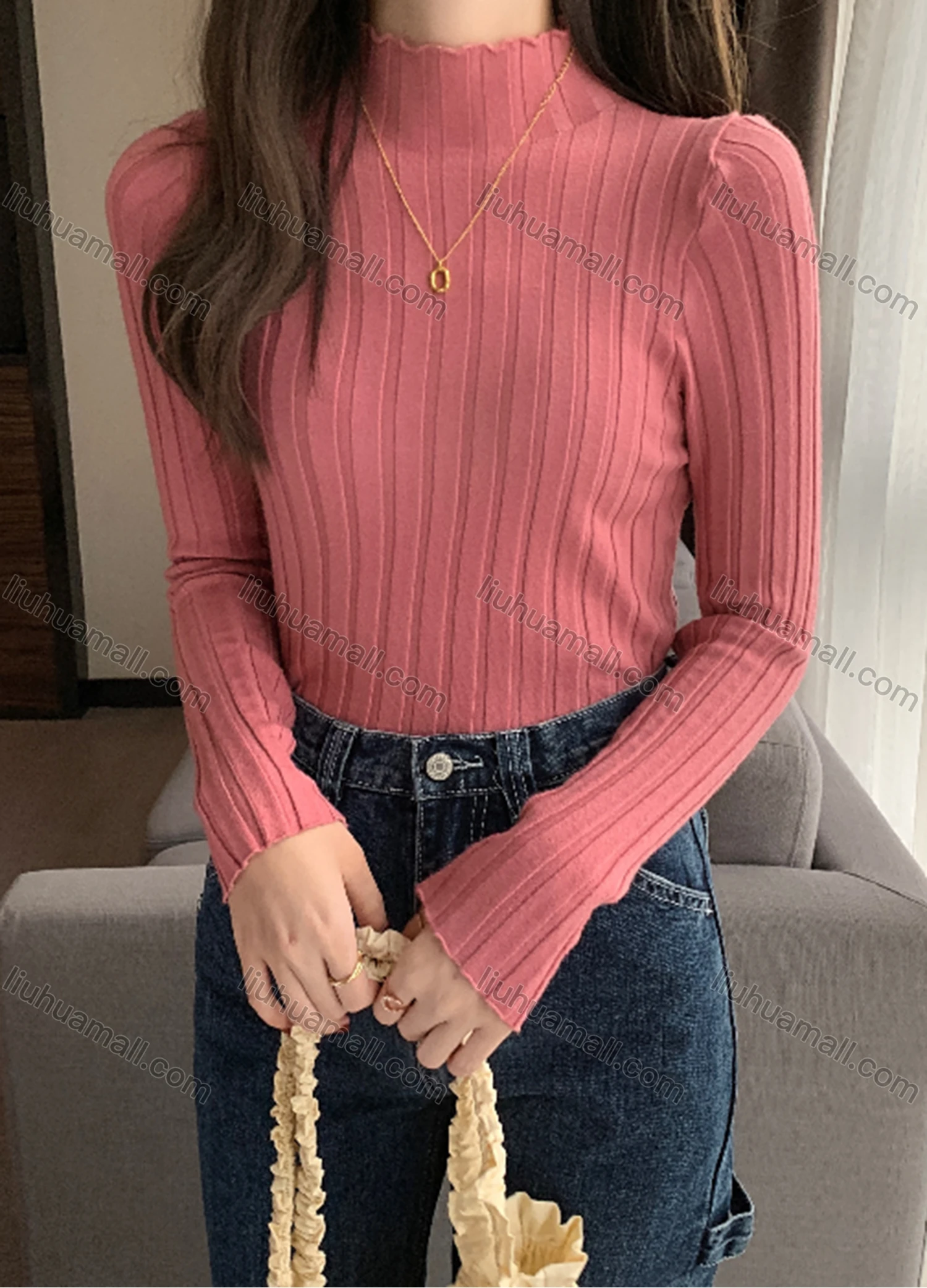 Wholesale Women's Casual Plain Mock Neck Long Sleeve Wide Ribbed Knit Sweater Tops 8029# - Liuhuamall