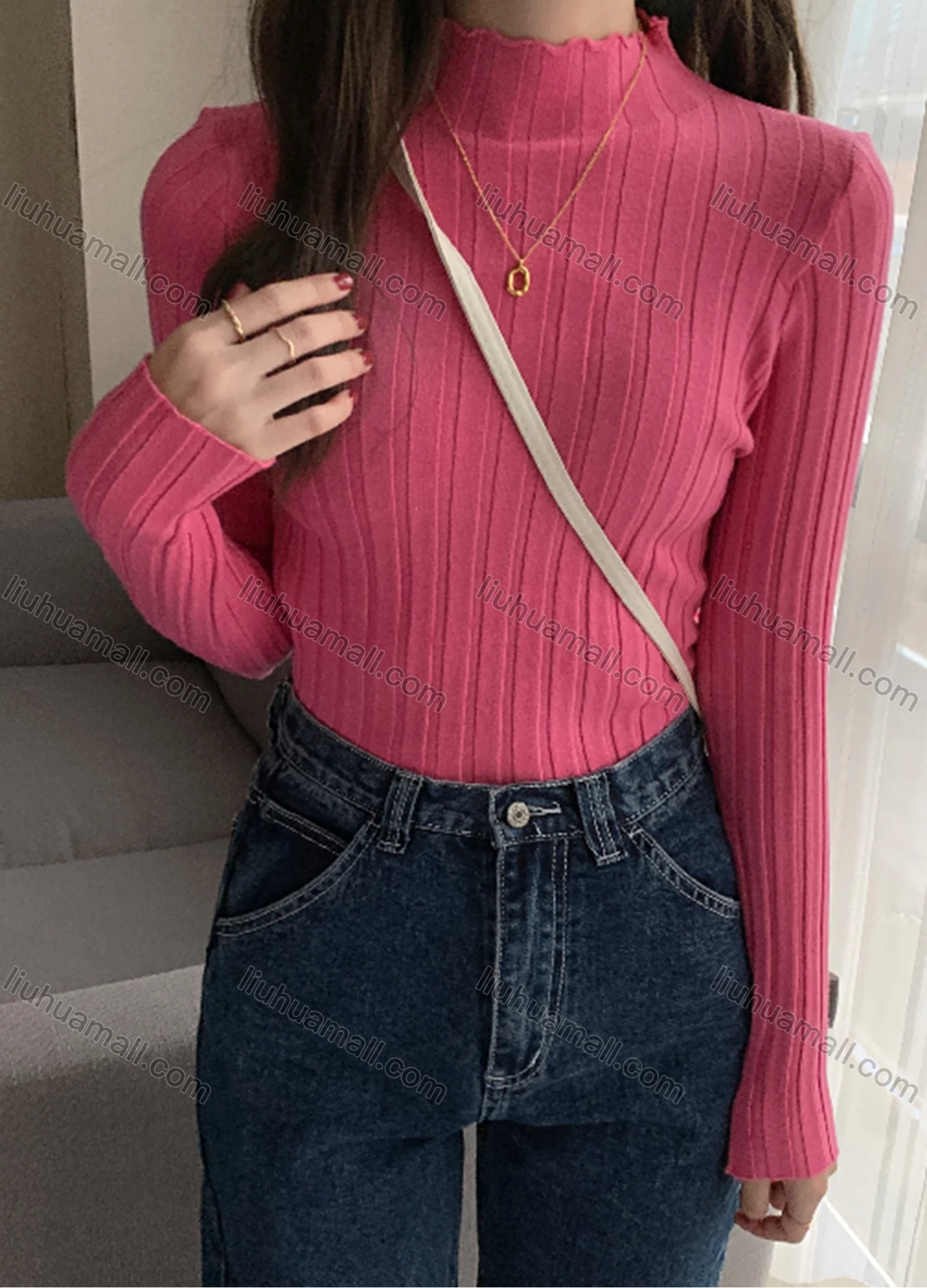 Wholesale Women's Casual Plain Mock Neck Long Sleeve Wide Ribbed Knit Sweater Tops 8029# - Liuhuamall