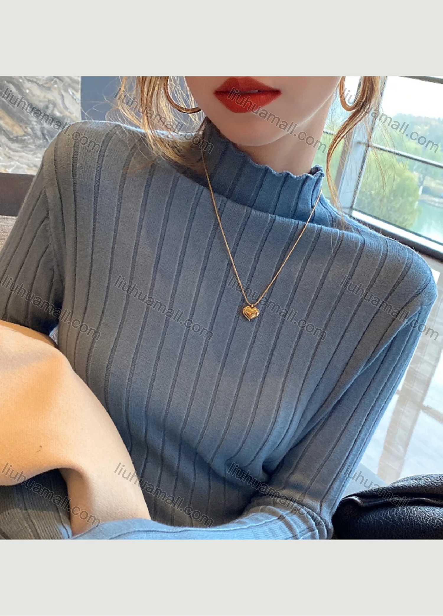 Wholesale Women's Casual Plain Mock Neck Long Sleeve Wide Ribbed Knit Sweater Tops 8029# - Liuhuamall