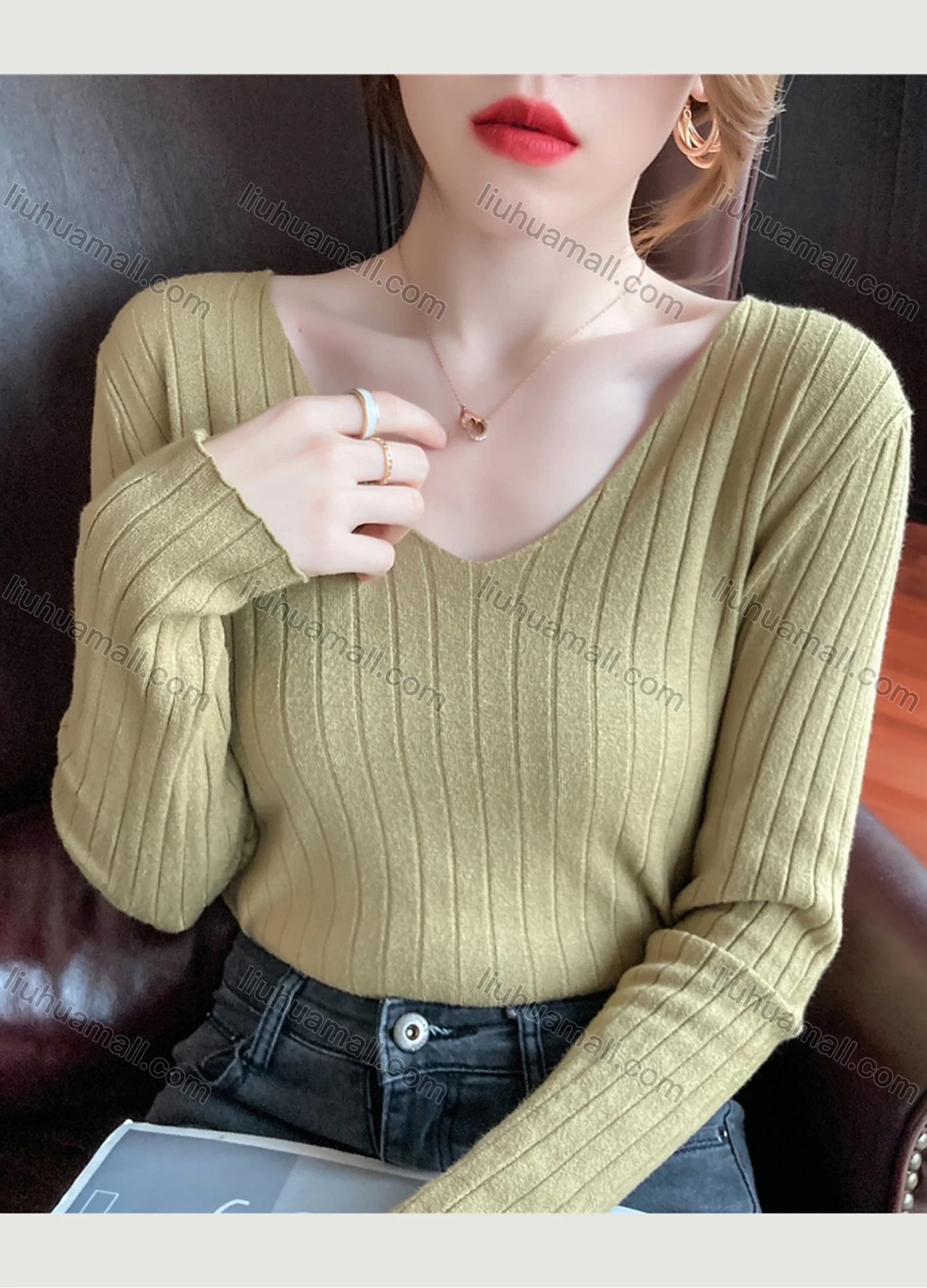 Wholesale Women's Casual Plain V Neck Long Sleeve Wide Ribbed Knit Sweater Tops 8031# - Liuhuamall