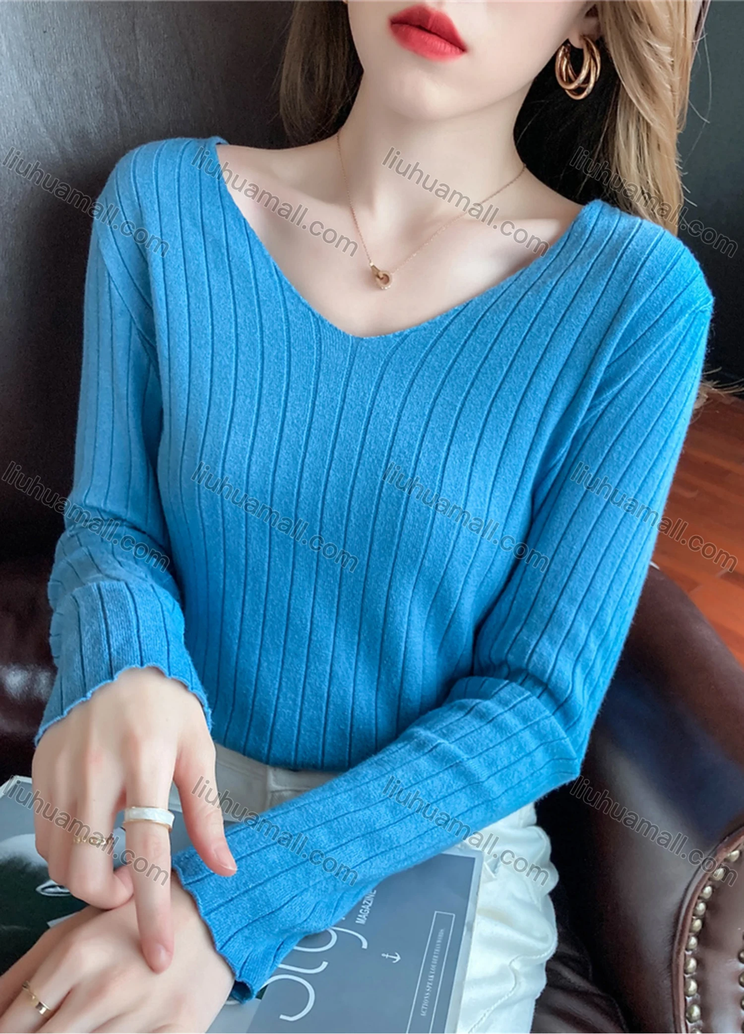 Wholesale Women's Casual Plain V Neck Long Sleeve Wide Ribbed Knit Sweater Tops 8031# - Liuhuamall