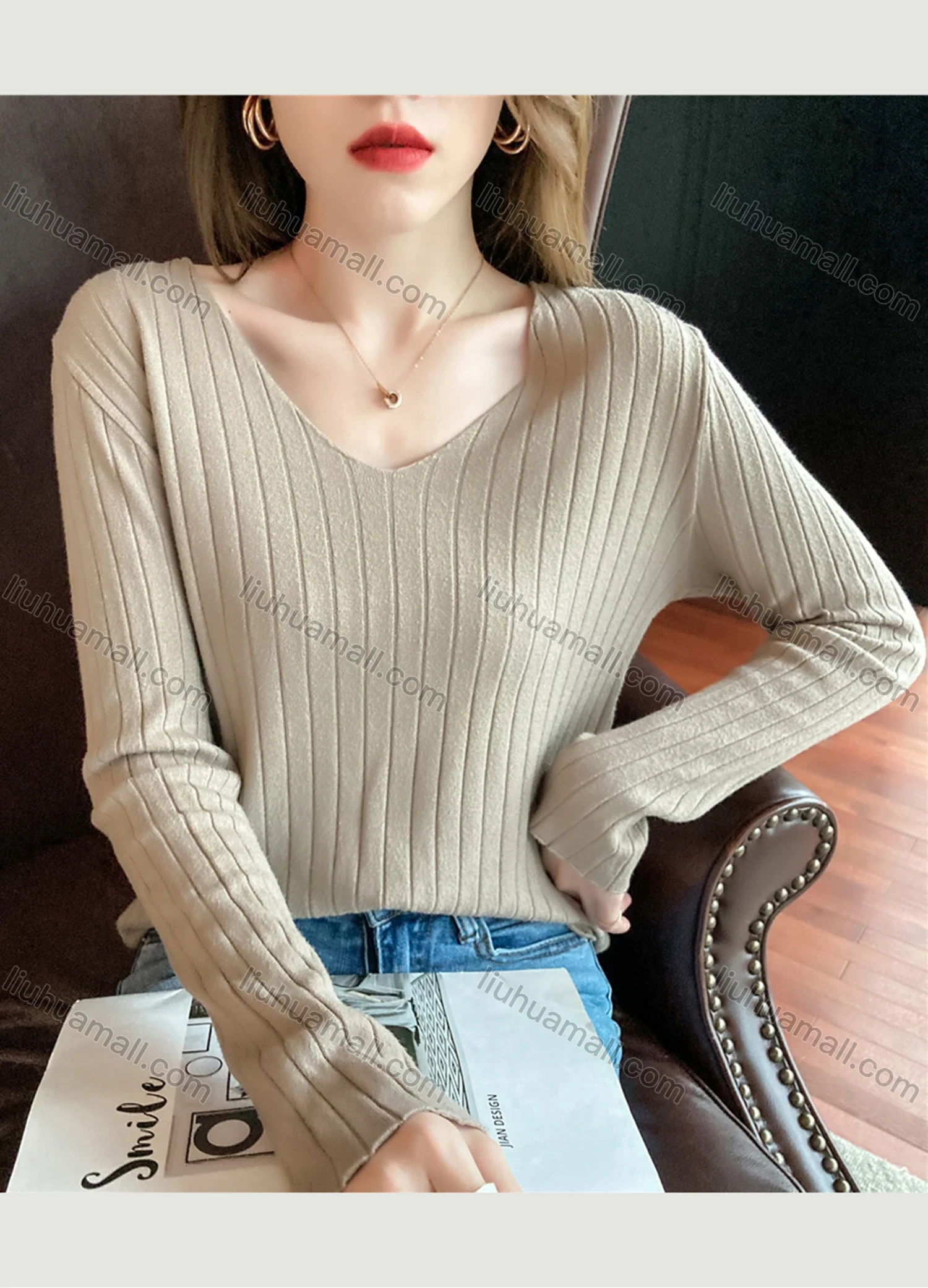 Wholesale Women's Casual Plain V Neck Long Sleeve Wide Ribbed Knit Sweater Tops 8031# - Liuhuamall