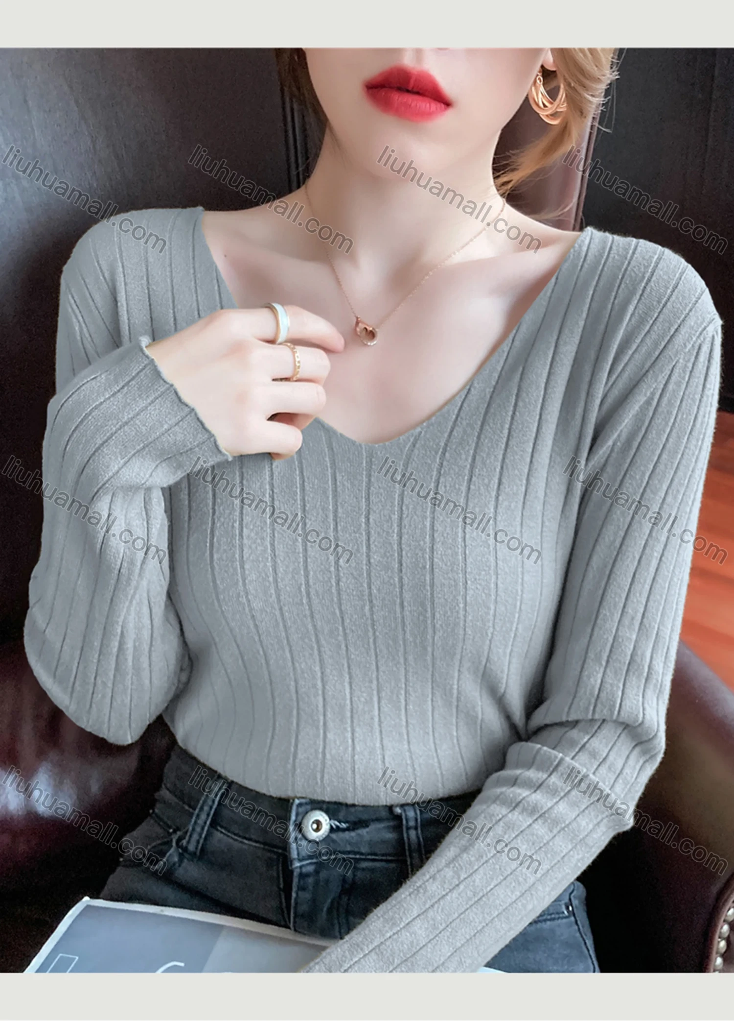 Wholesale Women's Casual Plain V Neck Long Sleeve Wide Ribbed Knit Sweater Tops 8031# - Liuhuamall