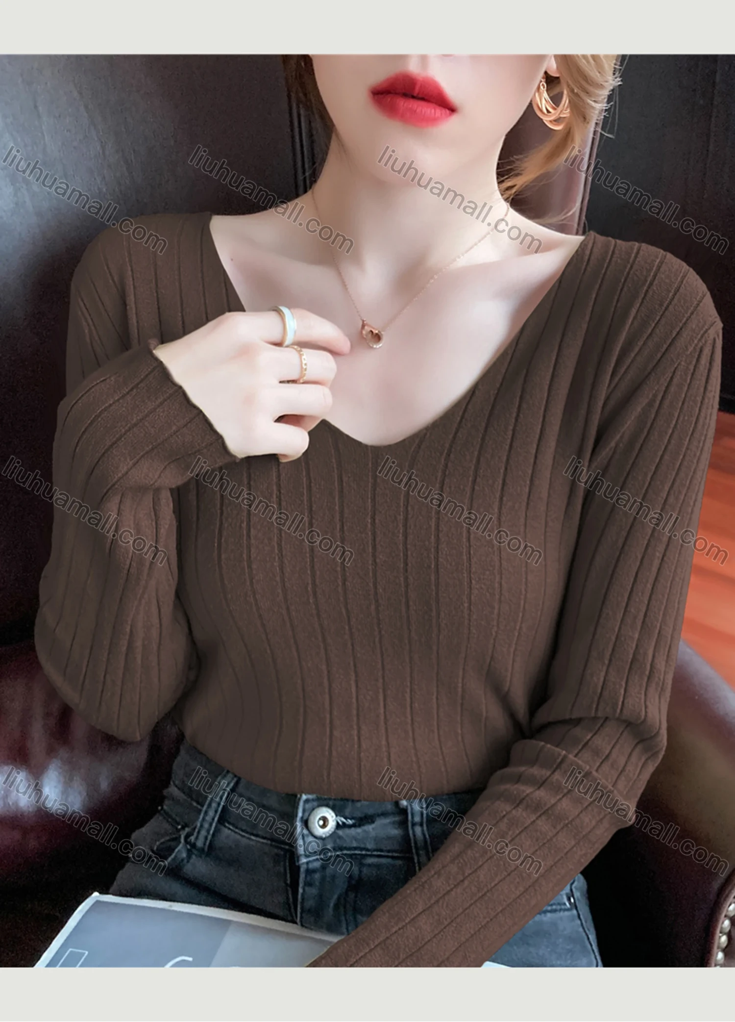 Wholesale Women's Casual Plain V Neck Long Sleeve Wide Ribbed Knit Sweater Tops 8031# - Liuhuamall