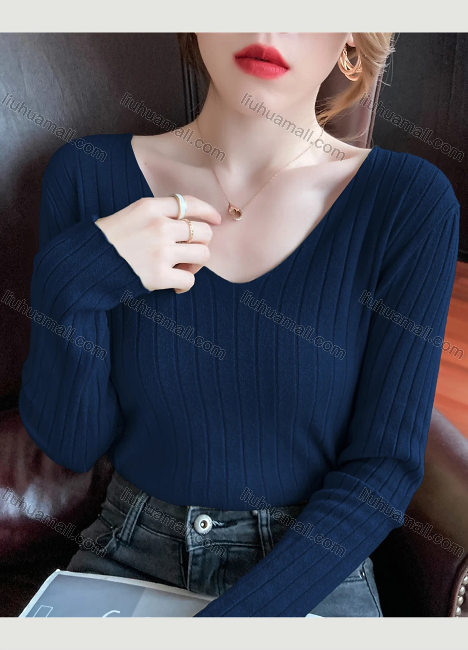 Wholesale Women's Casual Plain V Neck Long Sleeve Wide Ribbed Knit Sweater Tops 8031# - Liuhuamall