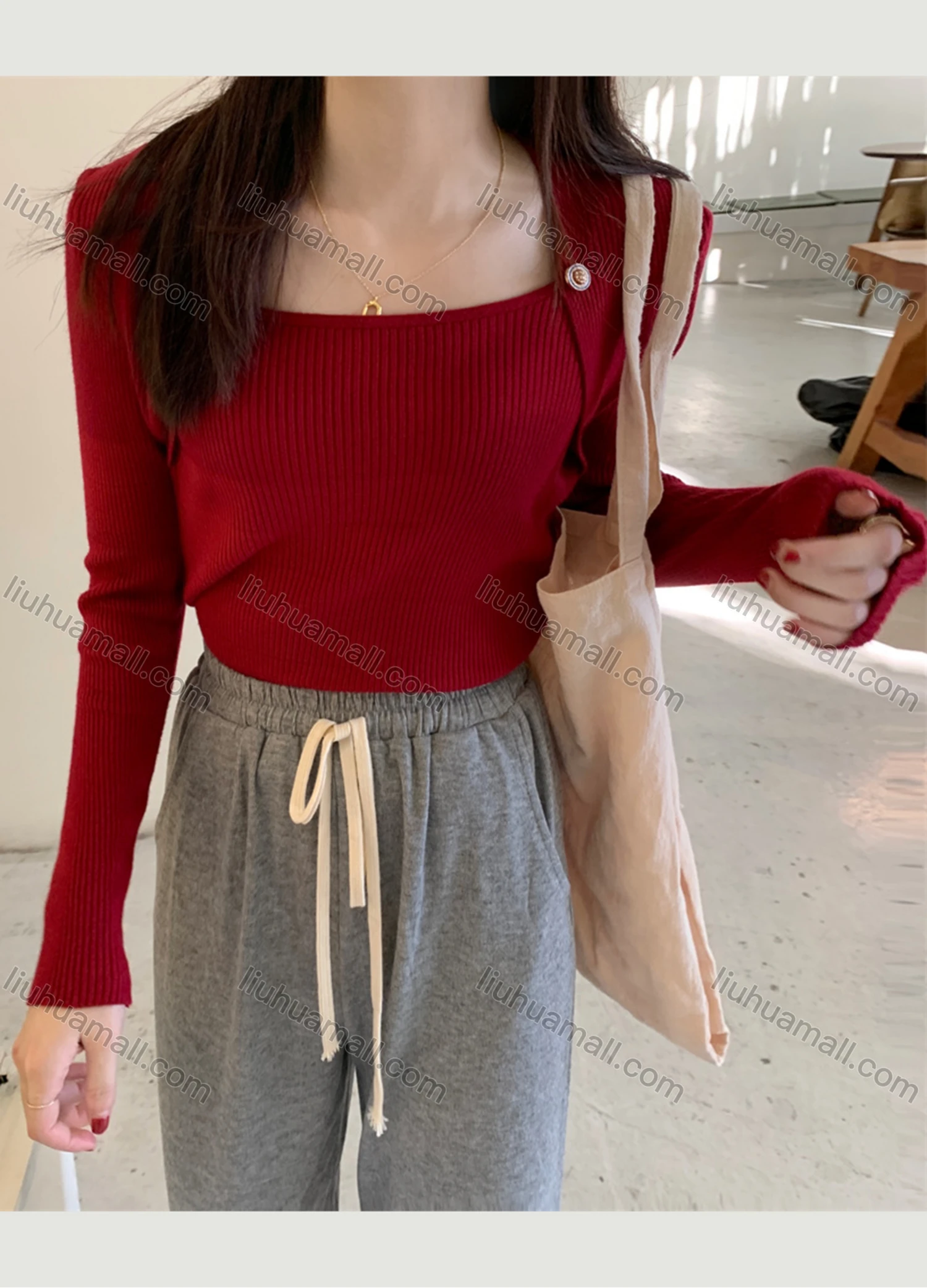Wholesale Women's Casual Plain Square Neck Long Sleeve Ribbed Knit Sweater Tops 8032# - Liuhuamall